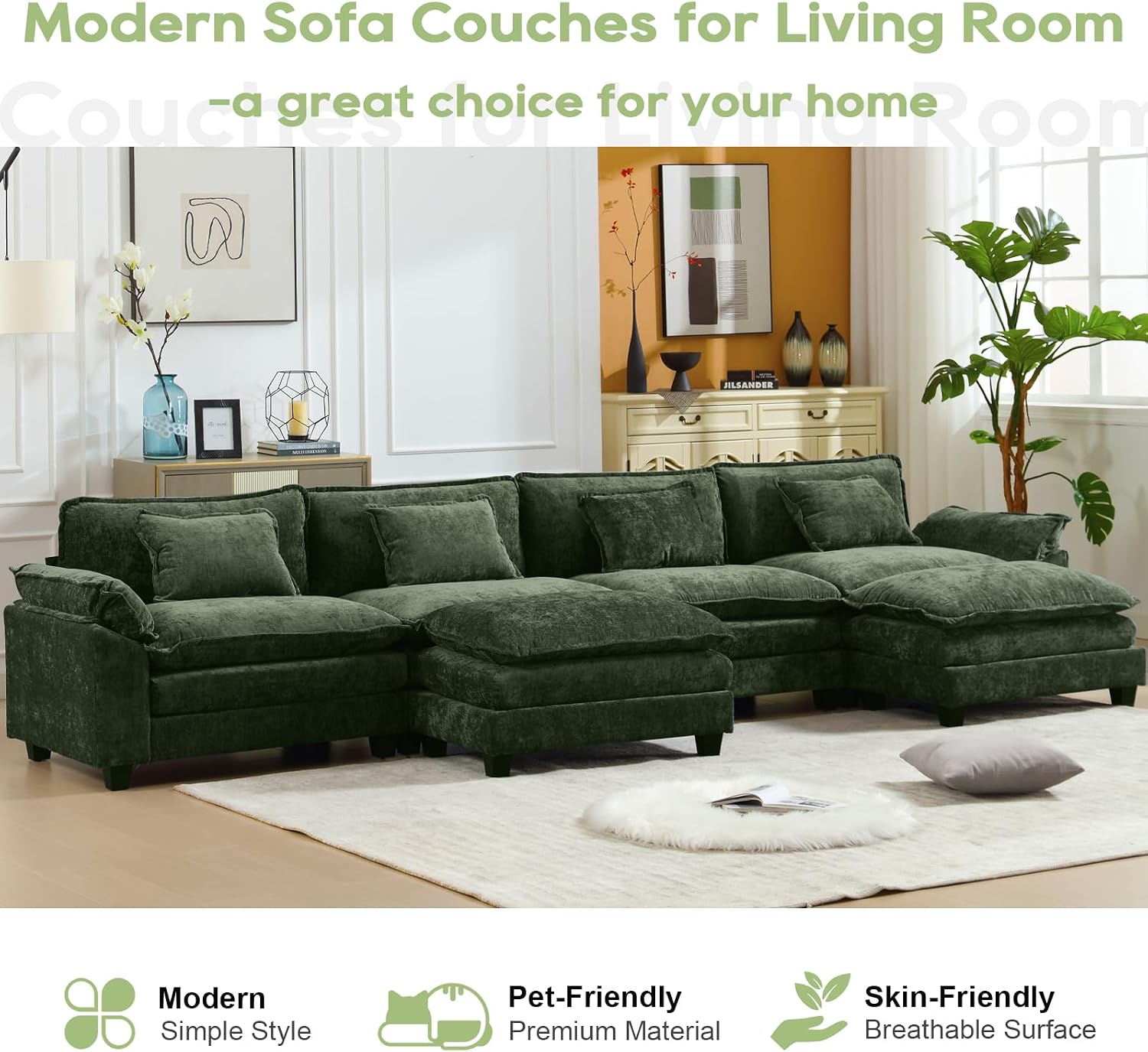 Oprisen 154' Modular Sectional Sofa, Comfy Cloud Couch Sectional Sofa with Ottoman, Chenille Sofa Sleeper Deep Seat Sofa with Throw Pillows for Living Room (Green, 154'- U Shape)