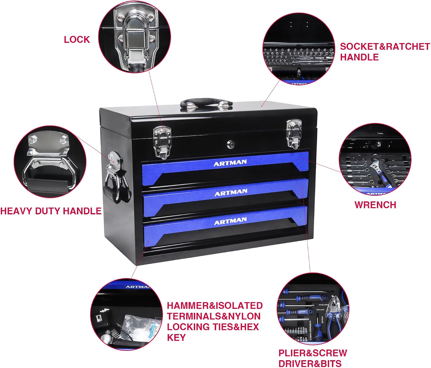 439 Piece Mechanics Tool Set, 3 Drawer Heavy Duty Metal Box with Household Tool Kit, Portable Tool Organizer Case for Auto Repair, Garage, Warehouse, Workshop, Repair Shop (Blue & Black)