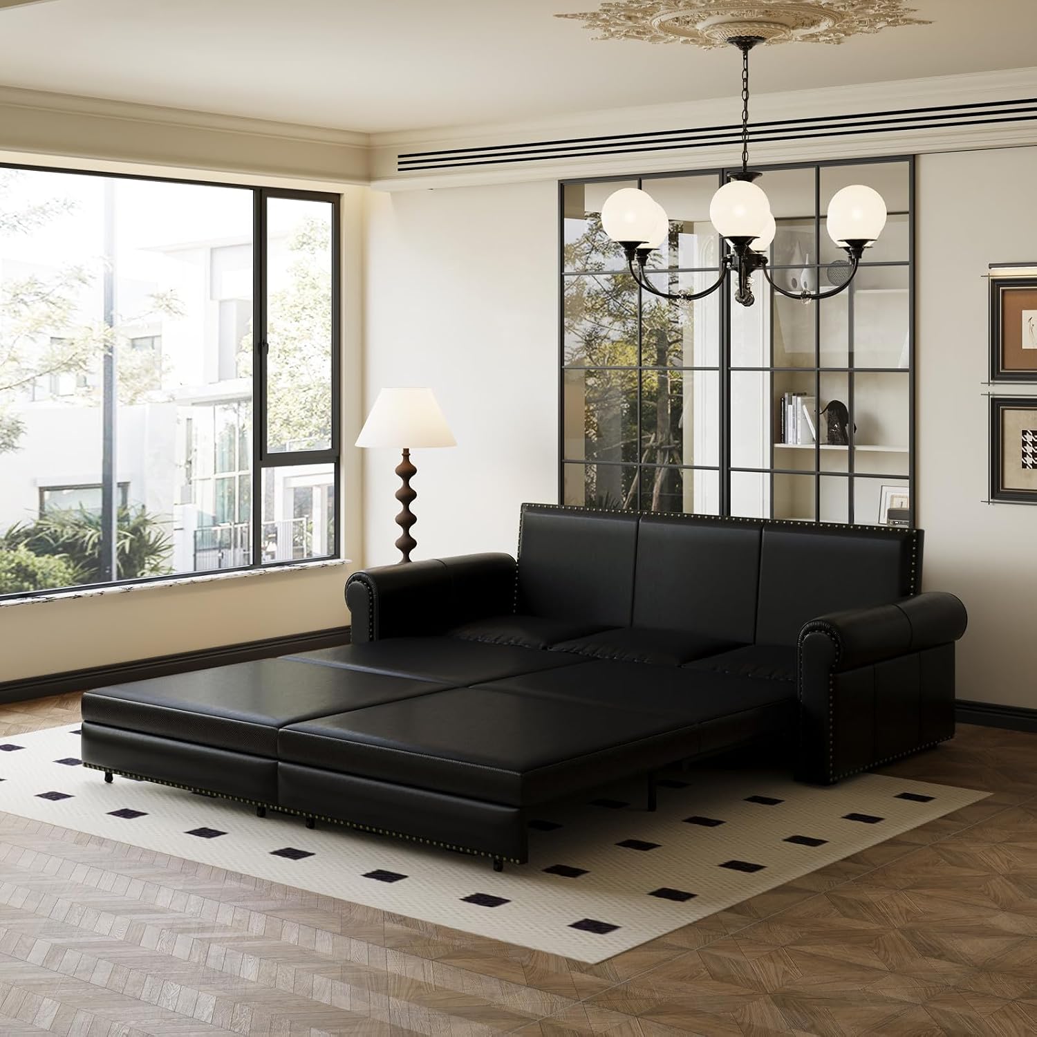 Faux Leather Sleeper Sofa Couch with Pullout Bed, 93.7' King Size Sleeper Sofa Bed, 3 in 1 Convertible Sofa Bed with Nailhead Trim & Rolled Arm for Living Room Bedroom Office (Black)