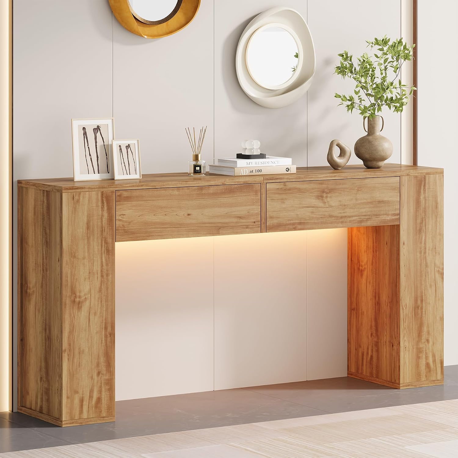 Farmhouse Console Table with LED Light and 2 Drawers, 55 inch Long Sofa Table Behind Couch, Narrow Entry Table for Entryway, Hallway, Entrance, Living Room (Light Brown)