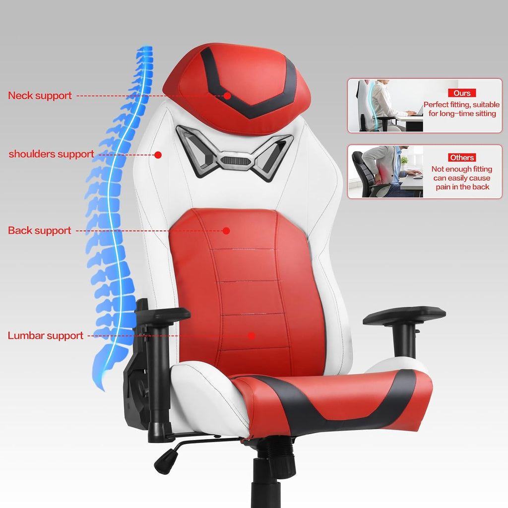 Modern-Depo Ergonomic Gaming Chairs for Adults with High-Density Memory Foam | Swivel Comfortable Office Chair, Big and Tall Video Game Chair, High Back Computer Chair for Home, Office, Red White