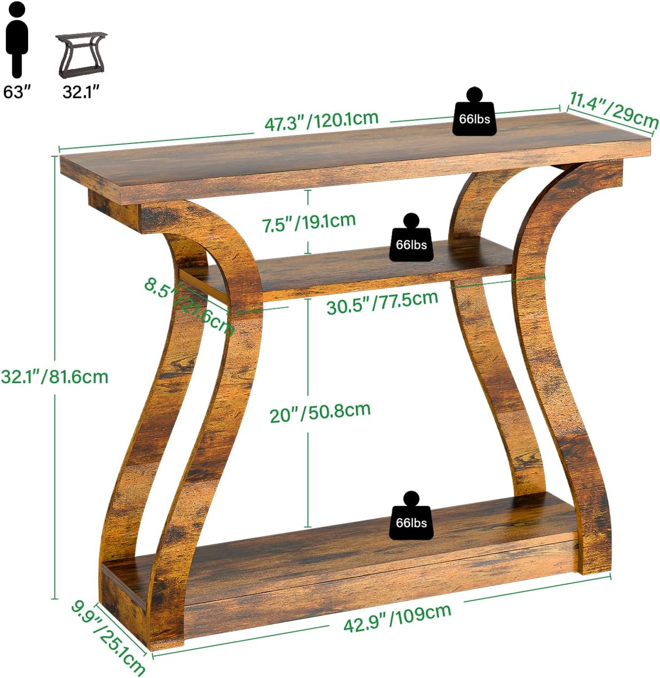Wooden Console Table with Curved Legs and Shelf, 3-Tier Modern Accent Narrow Sofa Table for Entrance Area, Living Room, Hallway, 47 in Wide Wood Console Table for Entryway (Retro)