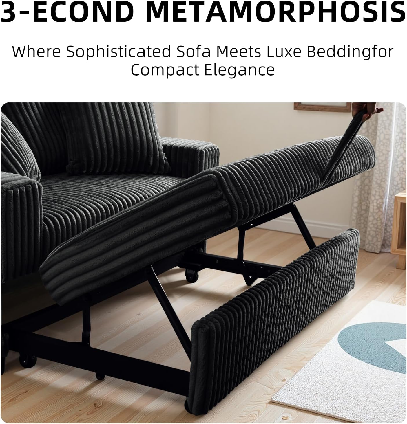3 in 1 Convertible Sofa Bed，52.8' Pull Out Couch with Side Pockets，Modern Corduroy Fabric Loveseat Sleeper Sofa with Adjustable Backrest for Living Room Bedroom Apartment (Black Corduroy)