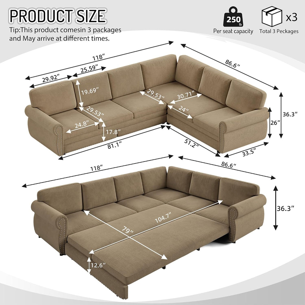 118'' Pull Out Couch, Convertible Sleeper Sofa Bed, Upholstered Sectional Sofa, Chenille L-Shaped Couch with Nailhead Trim, 6-Seater Modern Sectional Couches for Living Room,Bedroom, Camel