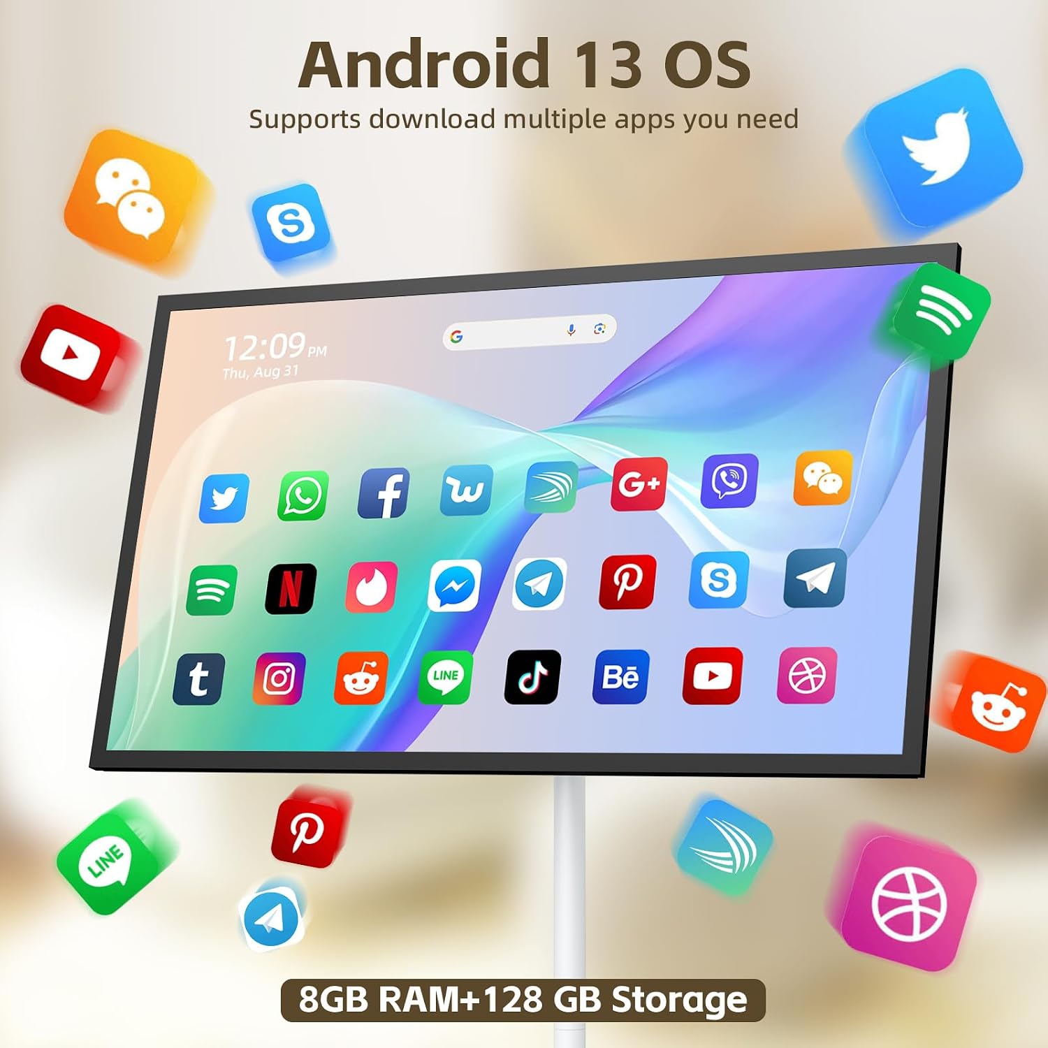 MWE 43 Inch Portable TV on Wheels, Large Screen Rolling TV, Smart Display with Adjustable Stand, Android OS, USB/HDMI/Type-C Port, All-in-One Entertainment Center