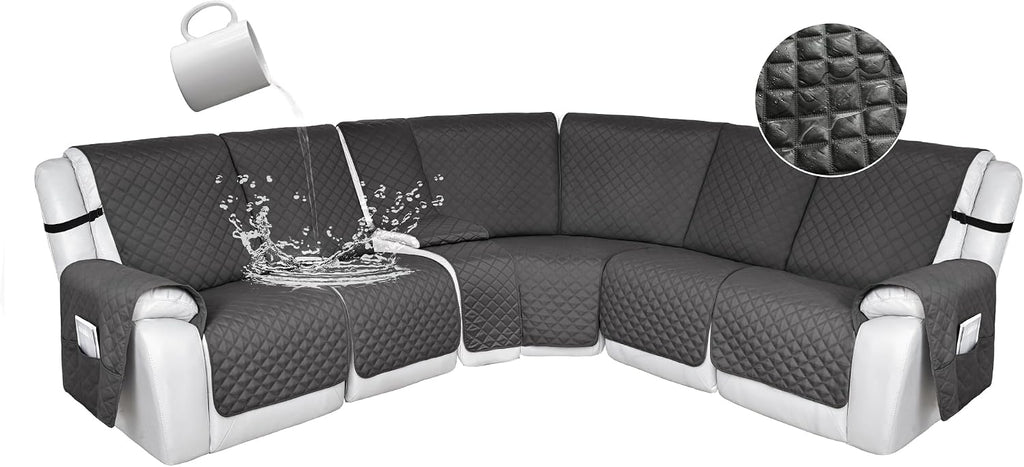 HDCAXKJ 100% Waterproof Reclining Sectional Couch Covers L Shape Recliner Sofa Cover Washable Quilted Soft Pet Dog Corner Recliner Slipcovers with Pockets (5 Seat and 1 Middle Console, Dark Gray)