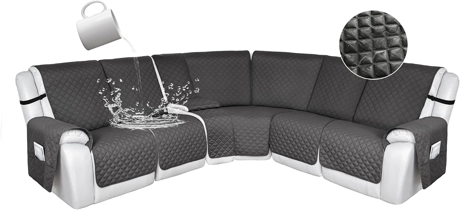HDCAXKJ 100% Waterproof Reclining Sectional Couch Covers L Shape Recliner Sofa Cover Washable Quilted Soft Pet Dog Corner Recliner Slipcovers with Pockets (5 Seat and 1 Middle Console, Dark Gray)