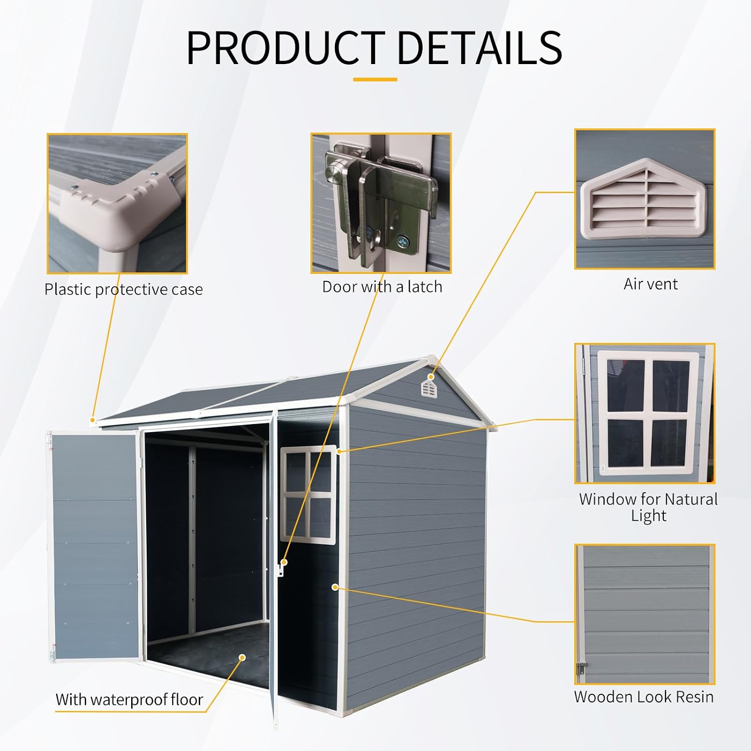 Outdoor Storage Shed with Two-Window and Double-Door, Resin Storage Shed with Lockable Door, Plastic Shed with Floor for Gargen, Patio, Yard, Lawn (Light Gray, 8 x 6 FT)