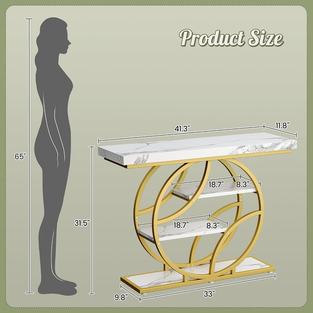 Huuger 41.3 Inch Entryway Table with Marble Top, Modern Console Sofa Table, Accent Table with Shelves, for Entry, Hallway, Entrance, Foyer, O-Shaped Metal Frame, White Marble & Gold