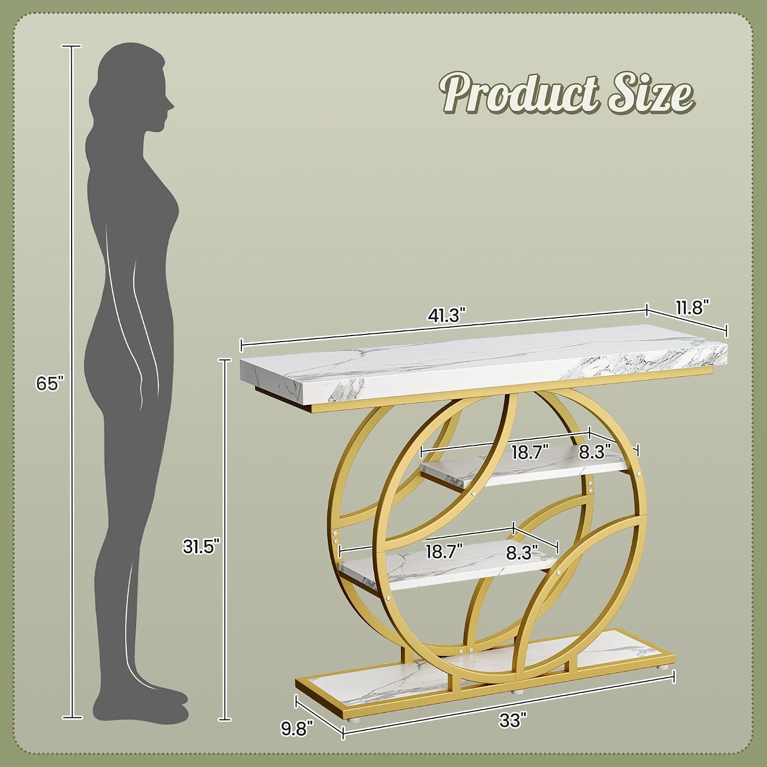 Huuger 41.3 Inch Entryway Table with Marble Top, Modern Console Sofa Table, Accent Table with Shelves, for Entry, Hallway, Entrance, Foyer, O-Shaped Metal Frame, White Marble & Gold