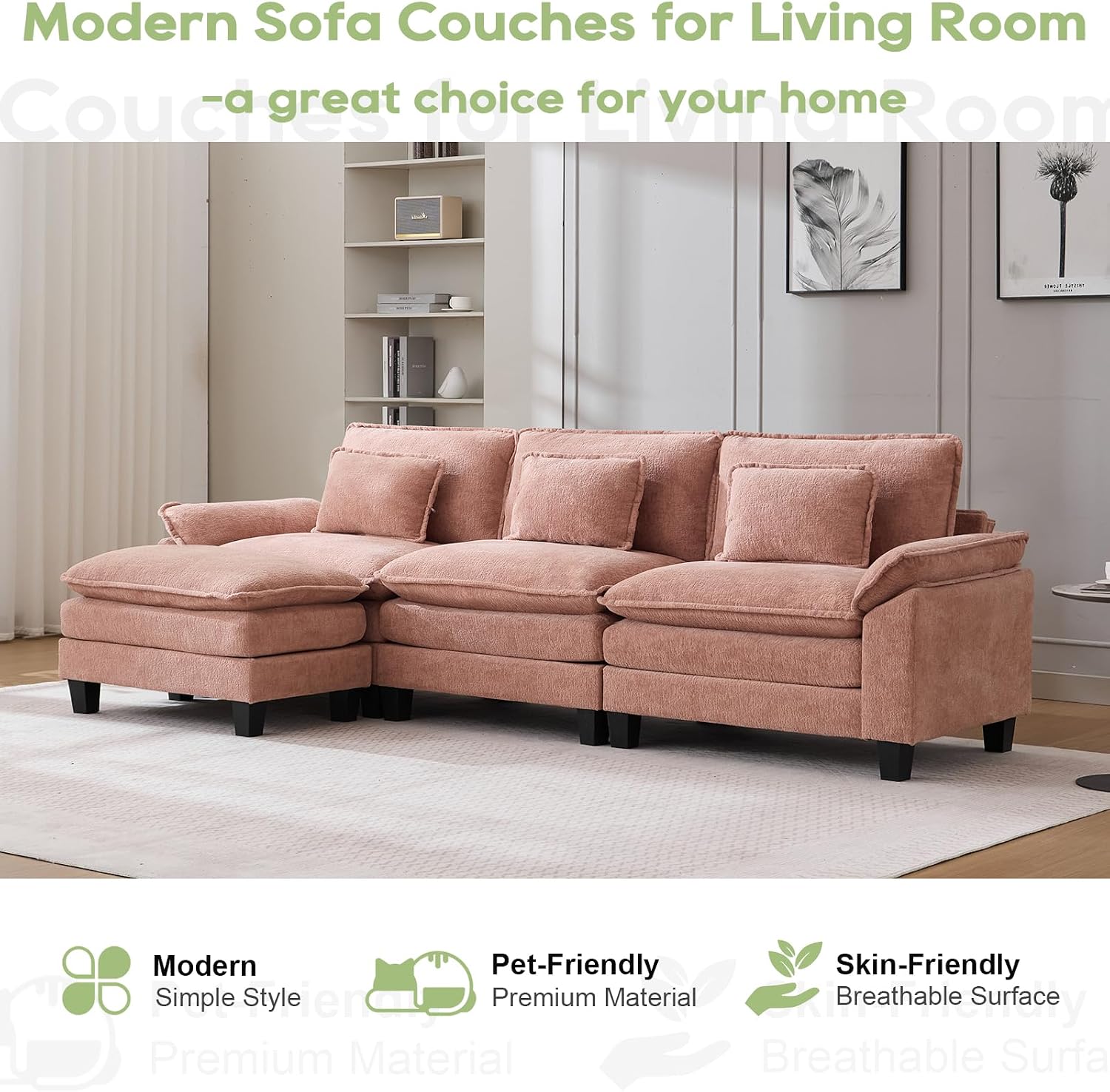 Oprisen 120' Modular Sectional Sofa, Comfy Cloud Couch Sectional Sofa with Ottoman, Chenille Sofa Sleeper Deep Seat Sofa with Throw Pillows for Living Room (Pink, 120'- L Shape)
