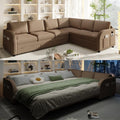 115.2'' Pull Out Couch Bed King Size, Convertible Sleeper Sofa, Oversized 6-Seater L-Shaped Couches with Side Pockets, USB, Teddy Reversible Sectional Sofa for Living Room, Apartment, Brown