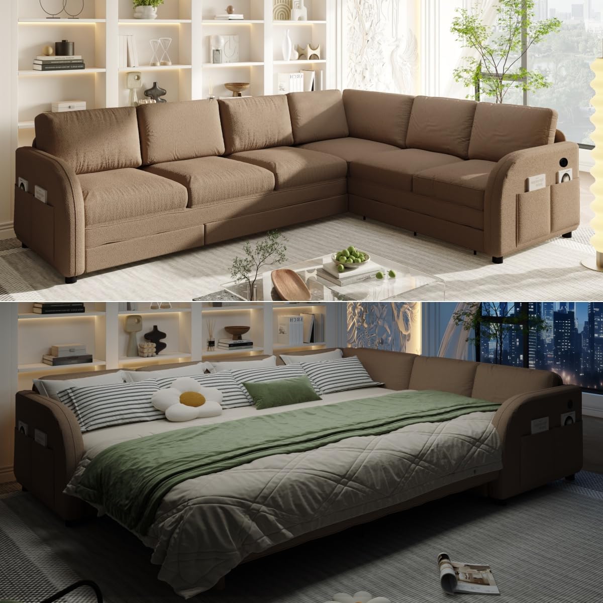 115.2'' Pull Out Couch Bed King Size, Convertible Sleeper Sofa, Oversized 6-Seater L-Shaped Couches with Side Pockets, USB, Teddy Reversible Sectional Sofa for Living Room, Apartment, Brown