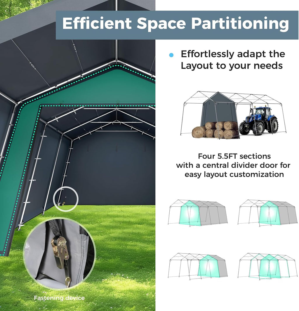 GREEN PARTY Storage Shelter Shed, 13x22 ft Portable Shed Outdoor Carport with Roll-up Zipper Door & Vents, Outdoor Storage Shed Portable Garage for Motorcycle, Bike, Waterproof & UV Protected, Gray