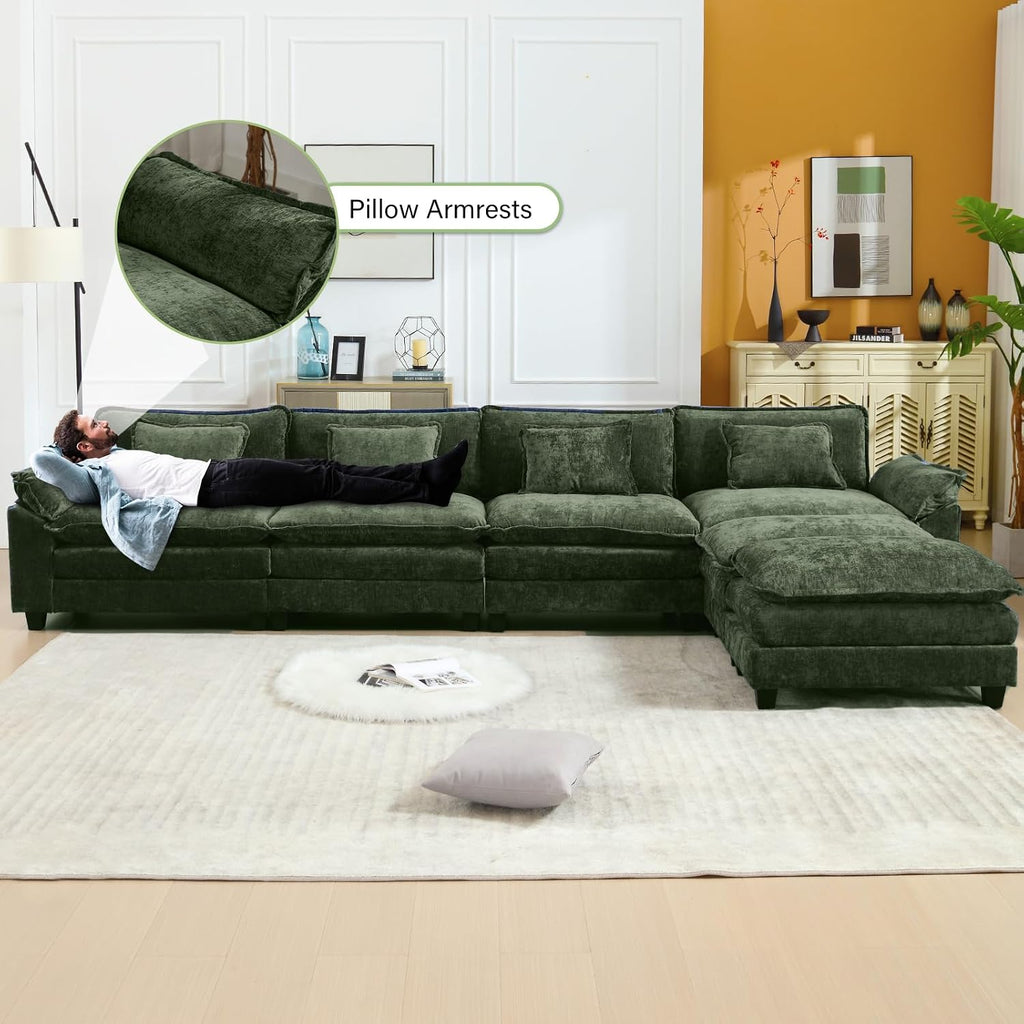 Oprisen 154' Modular Sectional Sofa, Comfy Cloud Couch Sectional Sofa with Ottoman, Chenille Sofa Sleeper Deep Seat Sofa with Throw Pillows for Living Room (Green, 154'- U Shape)