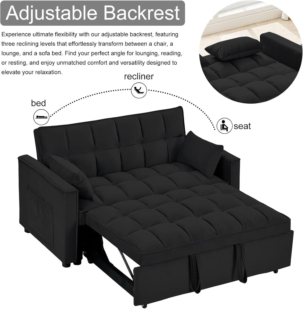 3 in 1 Convertible Sleeper Sofa Bed, 55' Pull Out Couches, Modern Loveseat Sleeper Sofa with Adjustable Reclining Backrest & Side Pockets for Living Room, Velvet Fabric, Classic Black