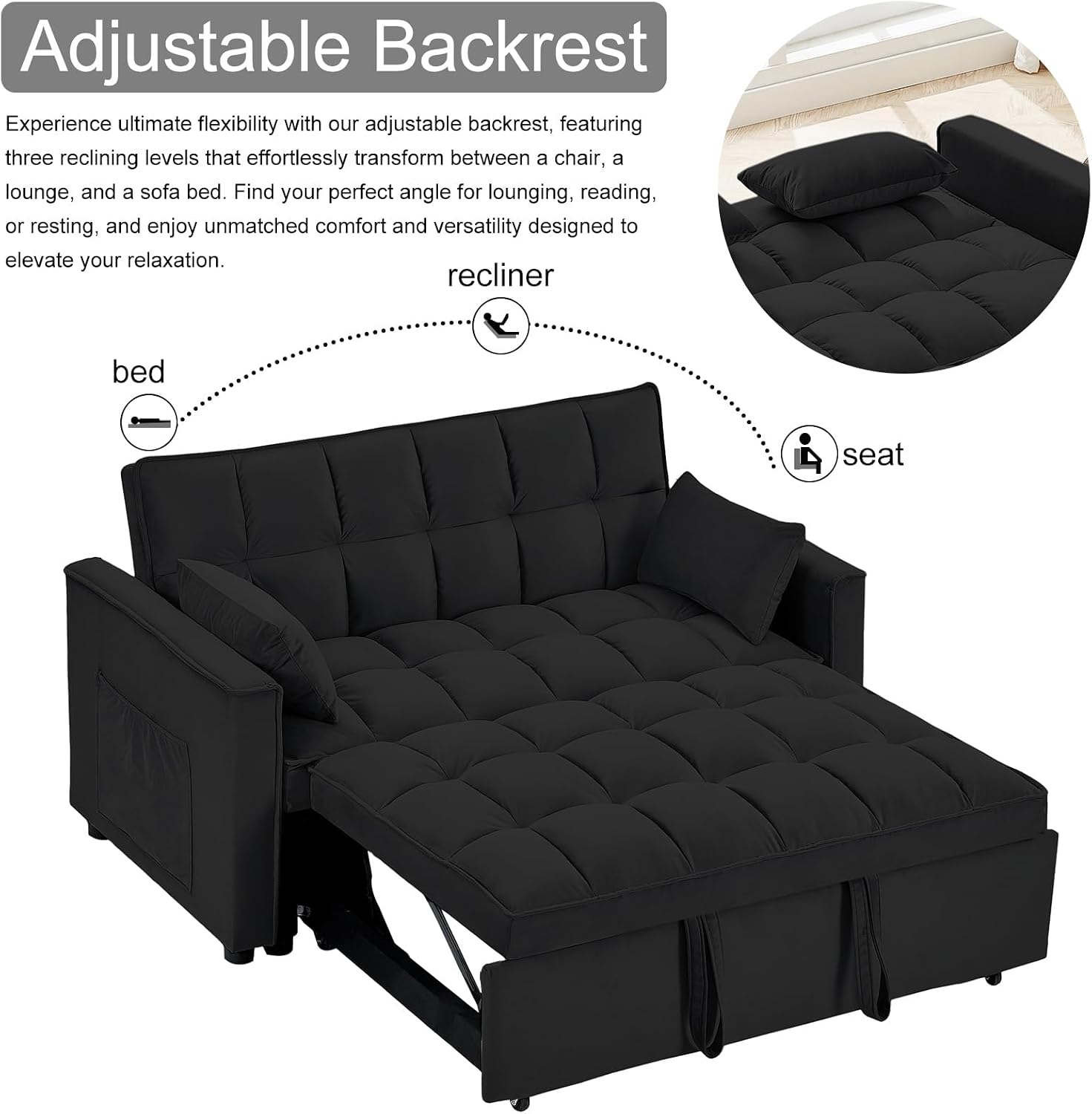 3 in 1 Convertible Sleeper Sofa Bed, 55' Pull Out Couches, Modern Loveseat Sleeper Sofa with Adjustable Reclining Backrest & Side Pockets for Living Room, Velvet Fabric, Classic Black