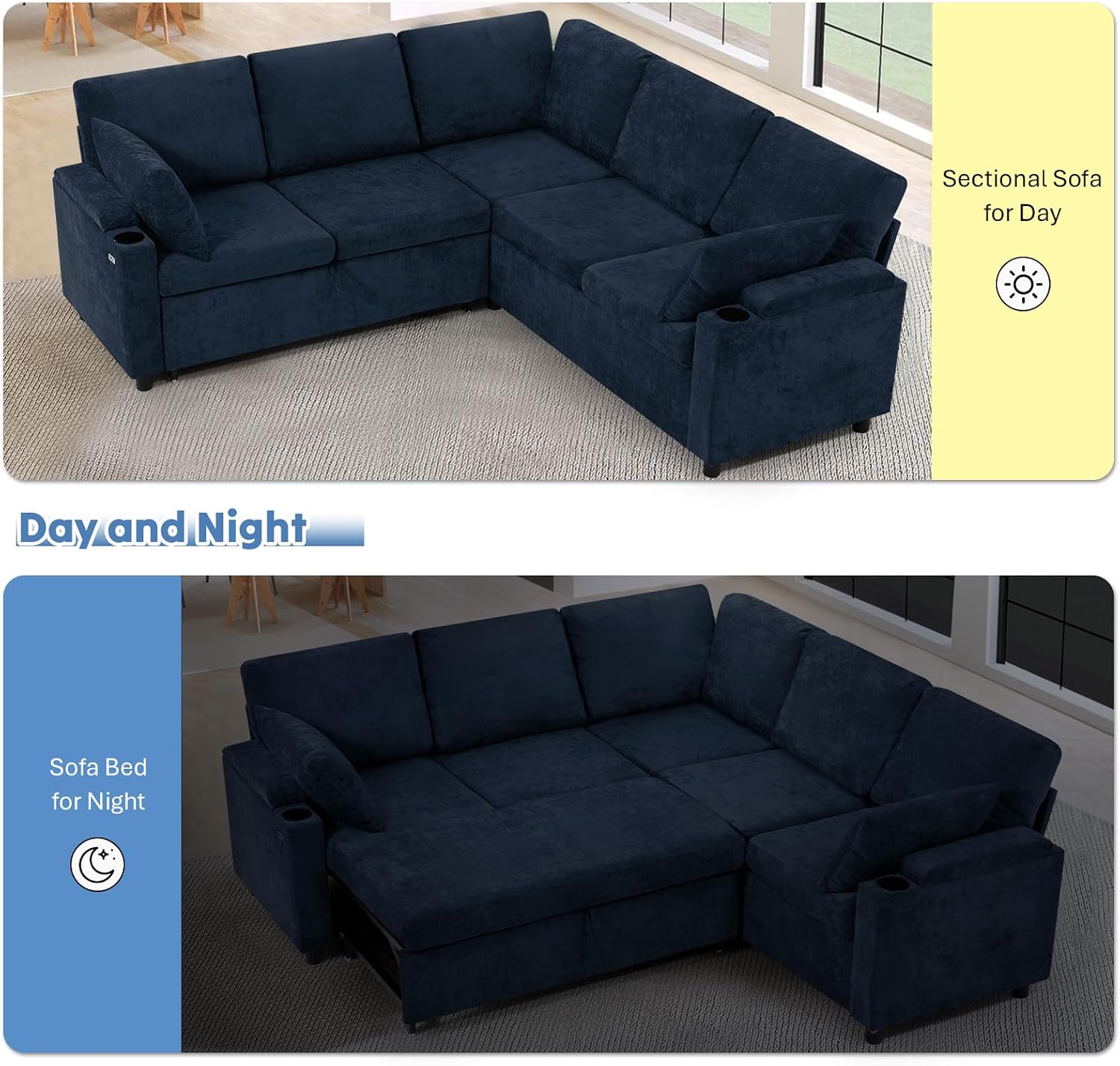 85' Chenille Reversible Sectional Sofa w/Pull-Out Bed, Upholstery L-Shaped Couch w/Storage Armrests & Cup Holders, Modern Corner Sofa w/USB Charging Port & Throw Pillow for Living Room, Blue