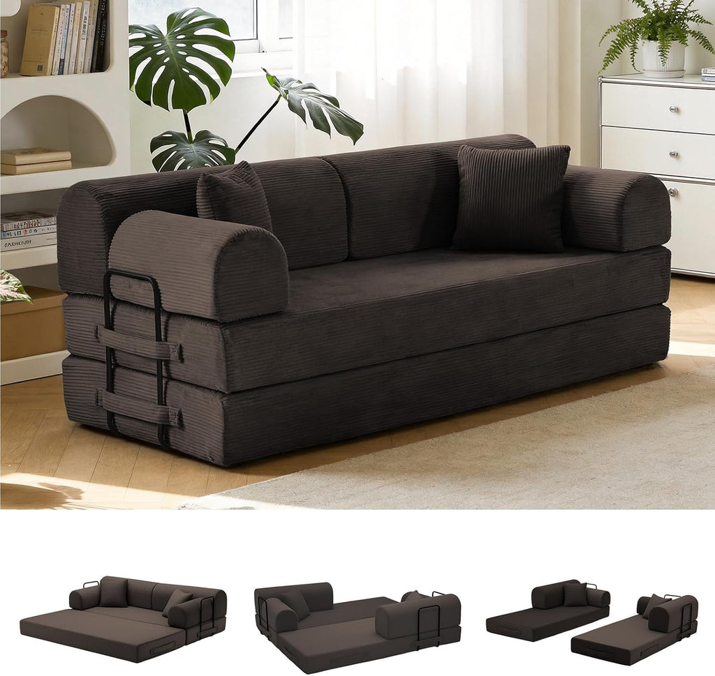 79'' Convertible Sofa Bed, 6 in 1 Folding Floor Futon Couch Sleeper with Fixed Frame, Corduroy Modular Sofa Bed with Removable Armrests & Pillows, No Assembly for Living Room Bedroom (Brown)