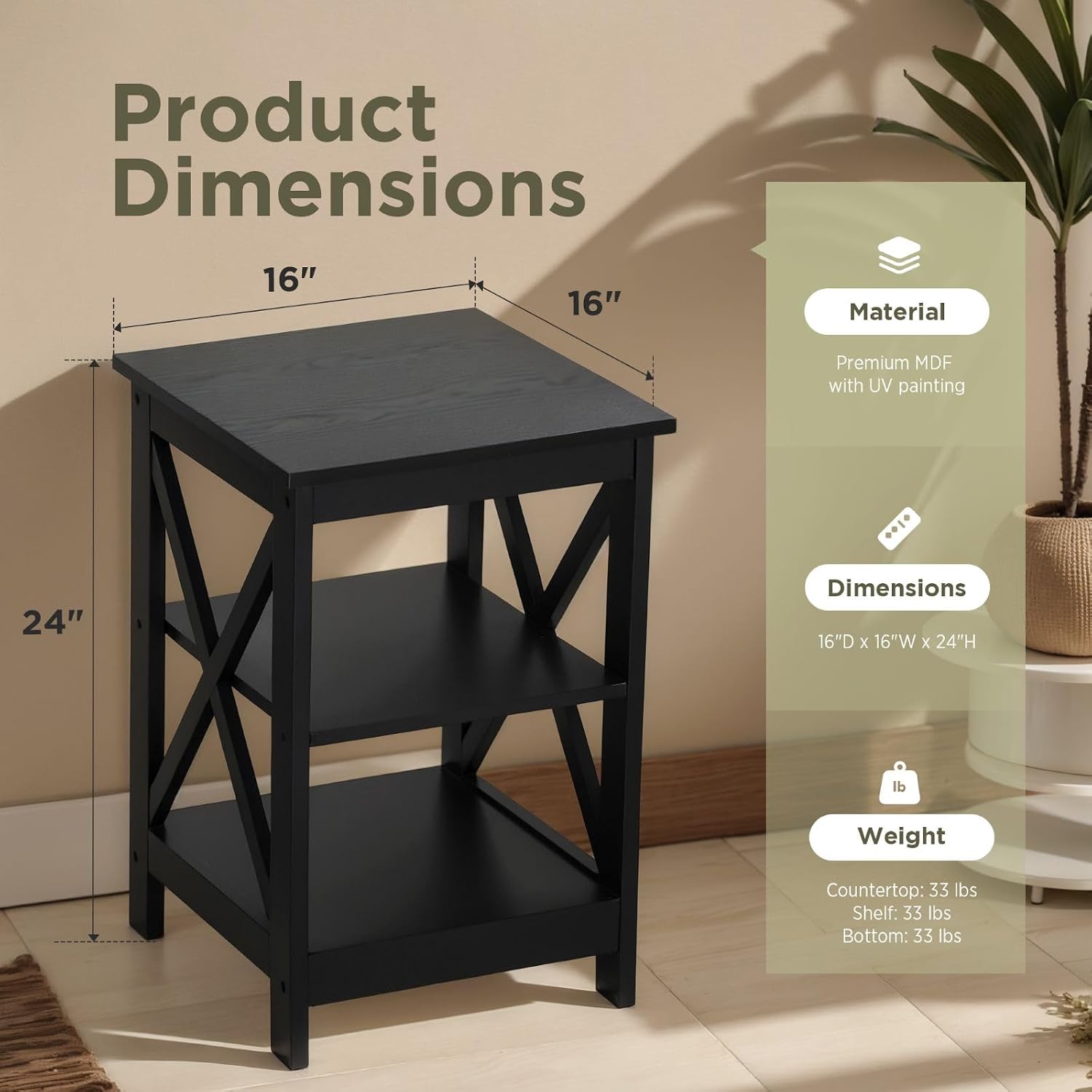 Sophia & William Farmhouse End Table Set of 2 with Storage Shelves, 3-Tier Sofa Side Table Nightstand Bedside Table for Living Room Bedroom Office, Expresso