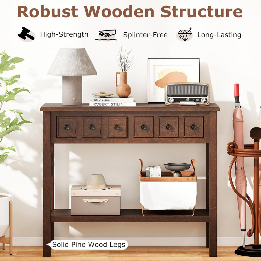 Giantex 2-Tier Narrow Console Table, 38' Retro Entryway Table with 2 Drawers and Open Storage Shelf, Wood Accent Sofa Tables for Living Room, Foyer, Hallway, Bedroom, Entrance