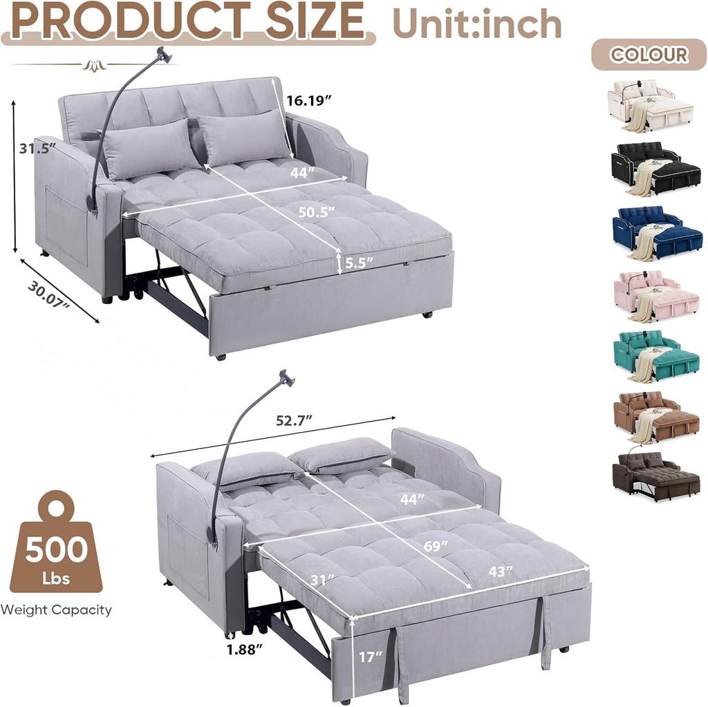 Antetek Sleeper Sofa Couch Bed with USB & Type C Port, Modern 3-in-1 Convertible Velvet Pull Out Loveseat Futon Sofa w/Phone Holder for Living Room Apartment, Adjustable Backrest, Light Grey