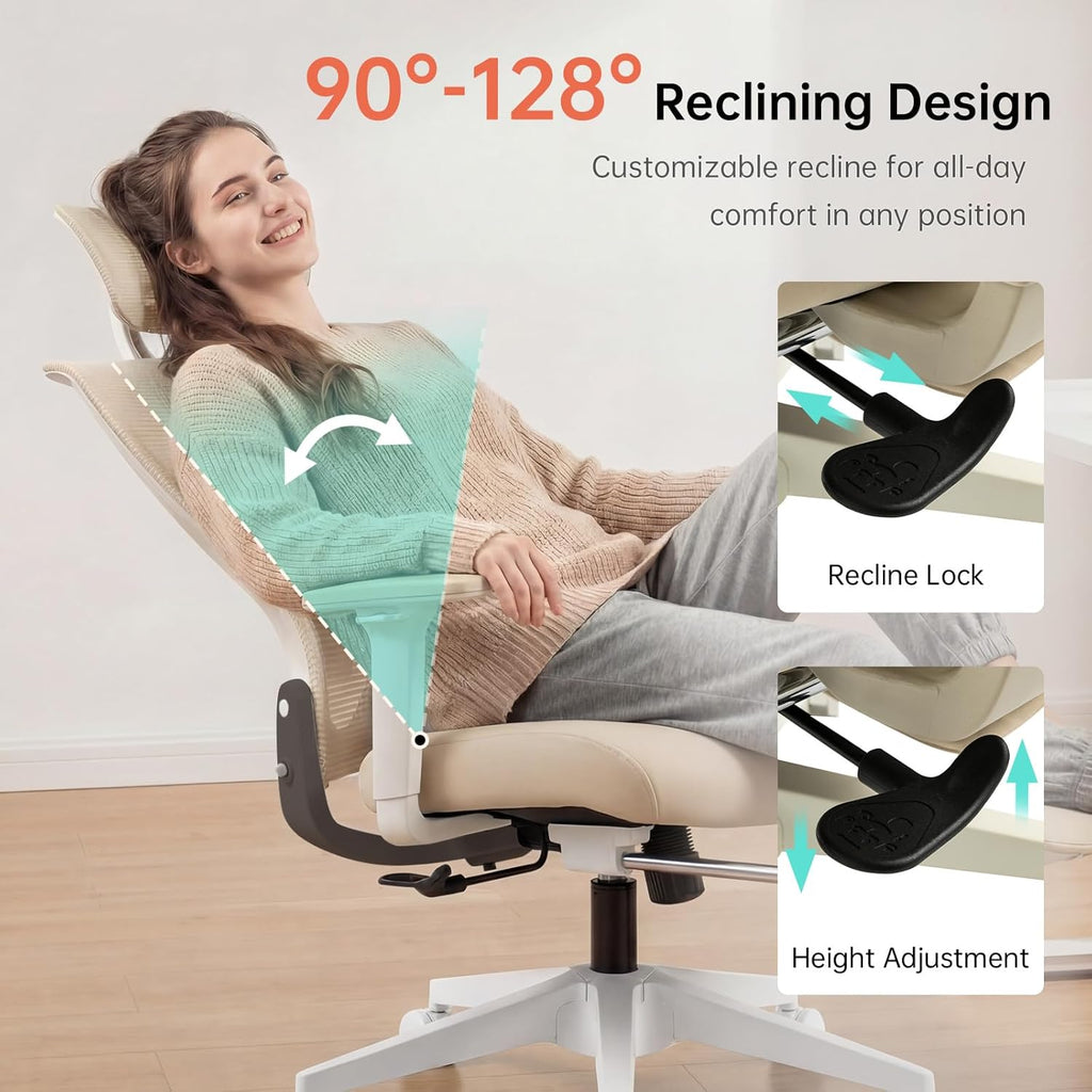 Foldable Office Chair with Foot Rest, Ergonomic Office Chair with Adjustable Lumbar Support, Headrest, Armrest, Home Office Desk Chair for Space Saving, Work from Home, Cream