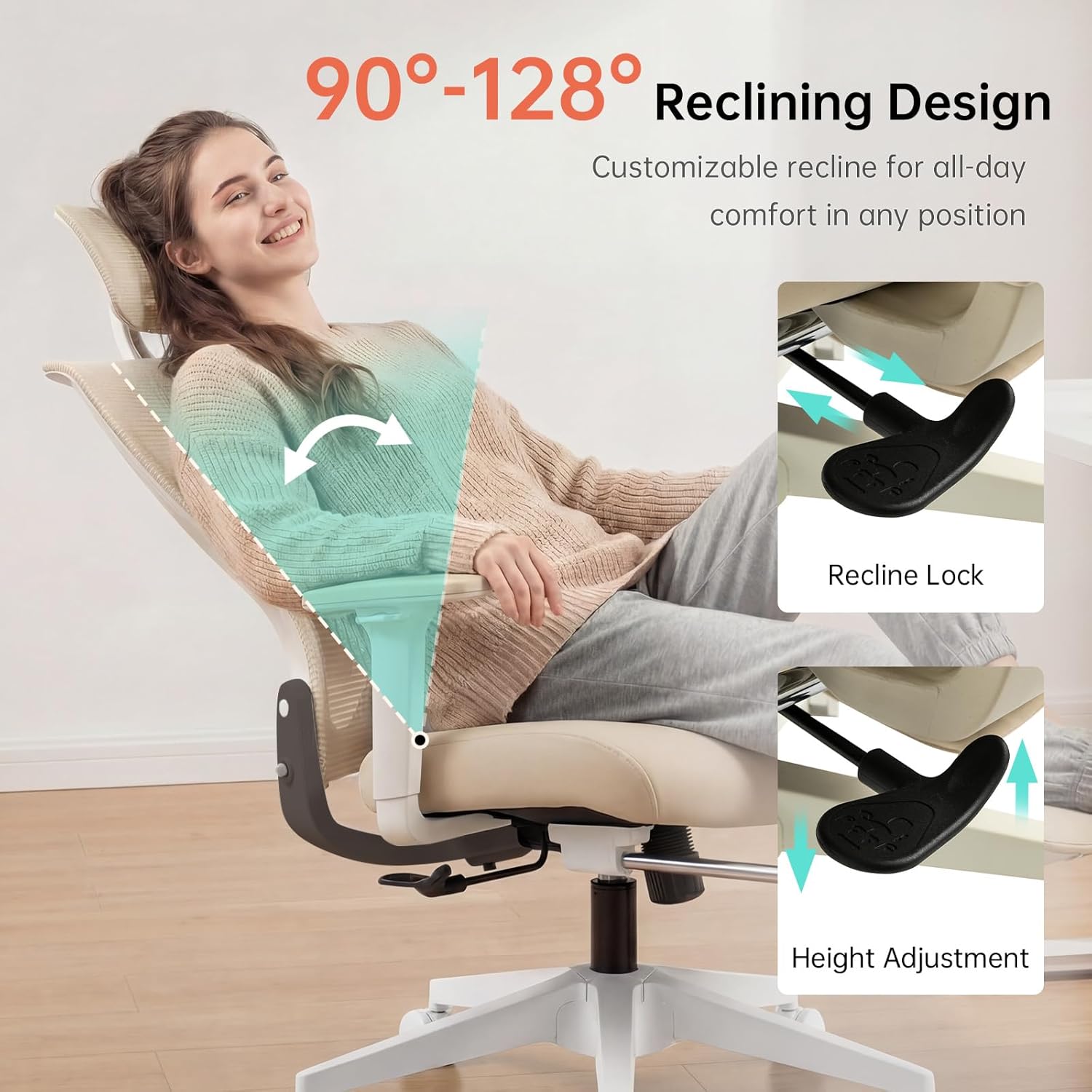 Foldable Office Chair with Foot Rest, Ergonomic Office Chair with Adjustable Lumbar Support, Headrest, Armrest, Home Office Desk Chair for Space Saving, Work from Home, Cream