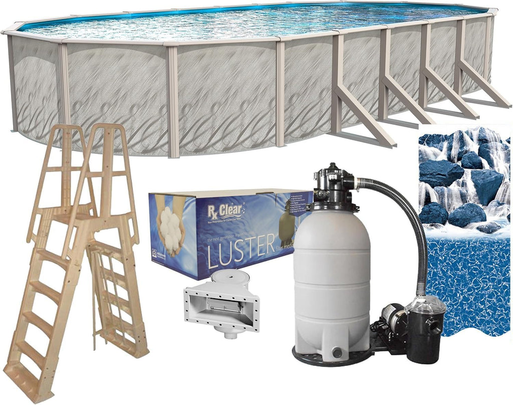 Lake Effect Pools 'Meadows Reprieve' 12 ft x 24 ft Oval Above Ground Swimming Pool Bundle | 52 Inch Steel Sided Walls | Kit Includes: 25 Gauge Liner, A-Frame Ladder, Sand Filter/Pump, & Skimmer