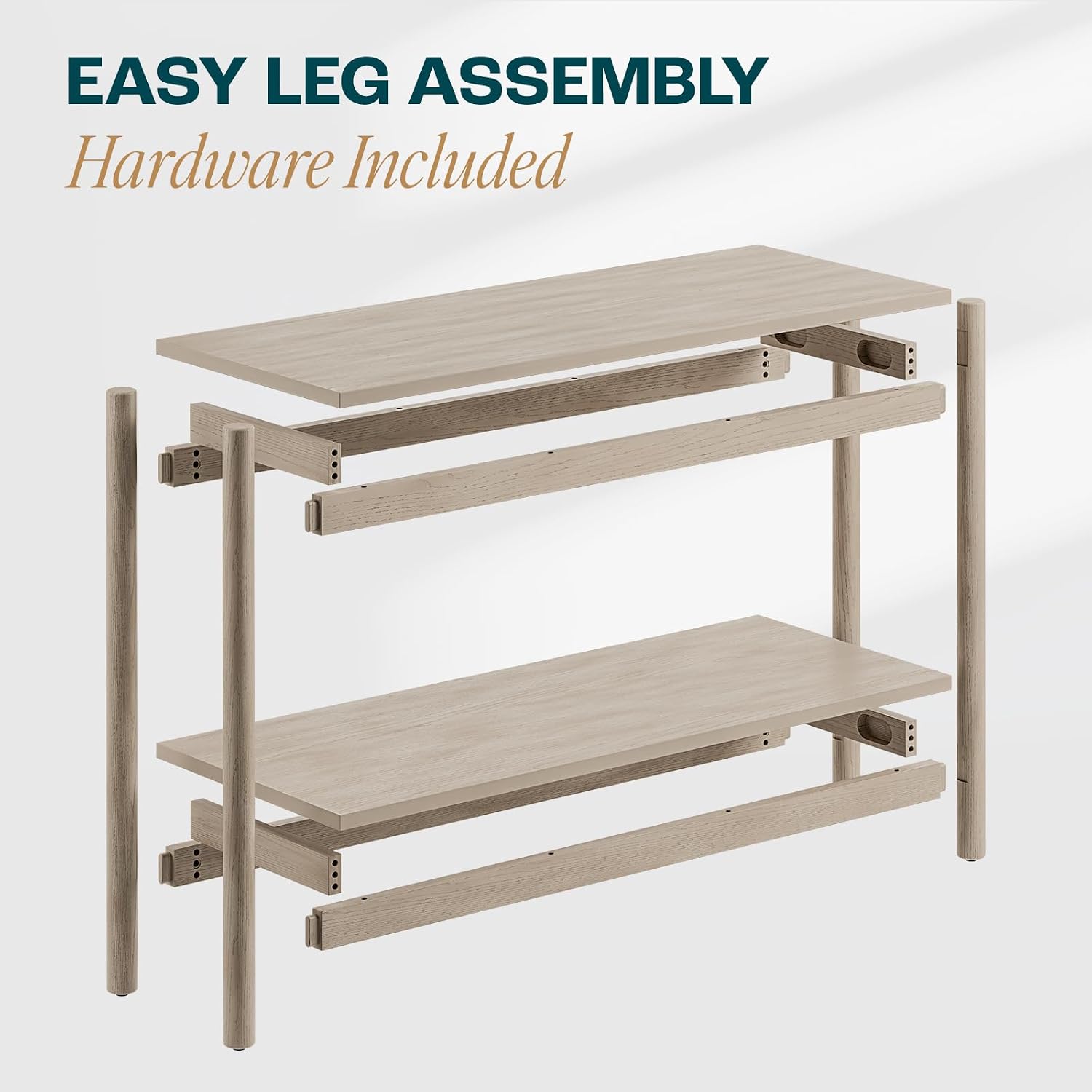 Bme Lyra Console Table, Pure Solid Wood with Oak Finish, Entryway and Hallway Living Room Table, 297 lbs Capacity, Adjustable Levelers, Easy Assembly, Large Open Shelf, Ideal for Any Space, Light Grey
