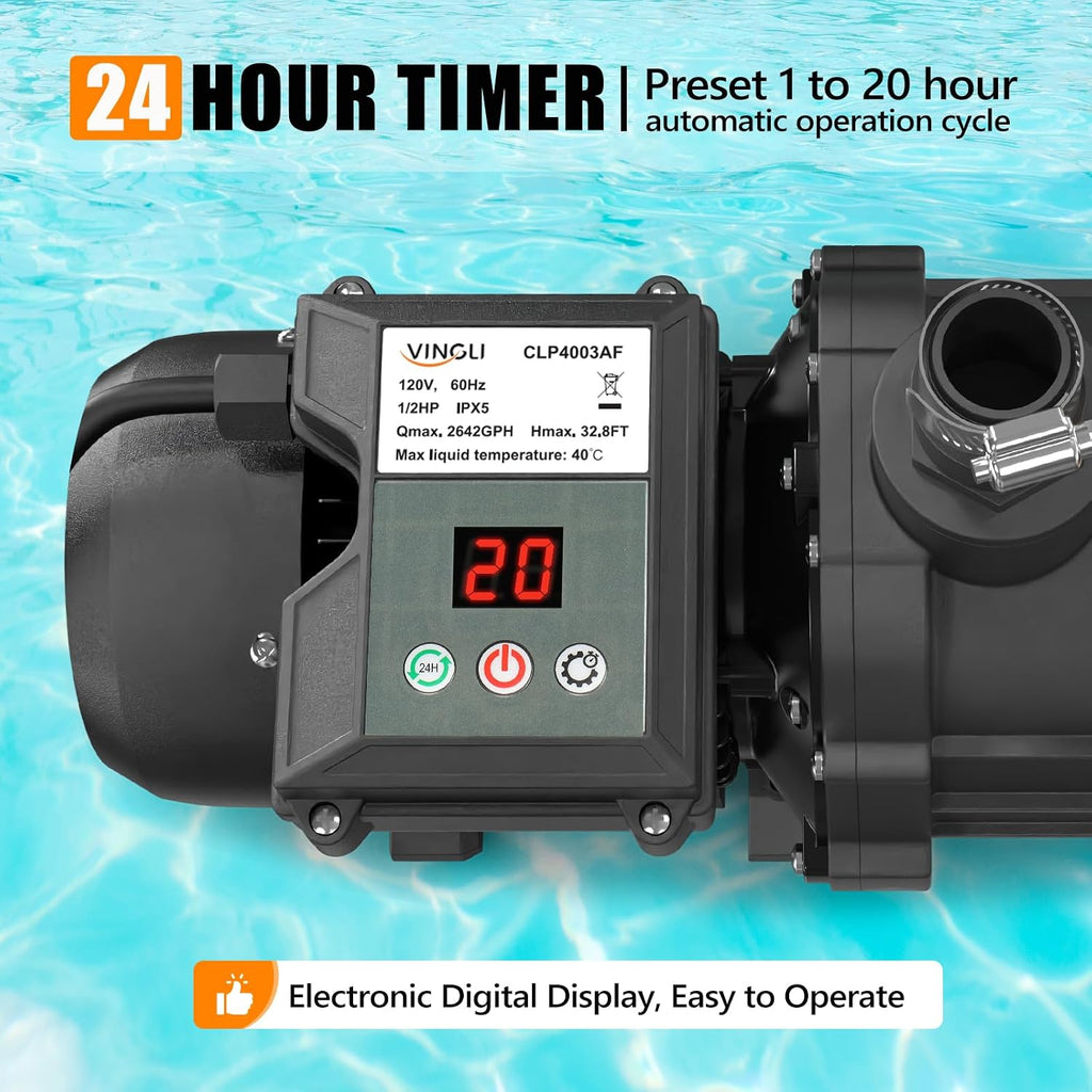 VINGLI (24H Timer) 12 in Sand Filter Pump with Filter Balls, 1585 GPH 1/2 HP High Efficiency Pool Pump with 7-Way Valve for Above Ground Swimming Pools Up to 8000 Gallons
