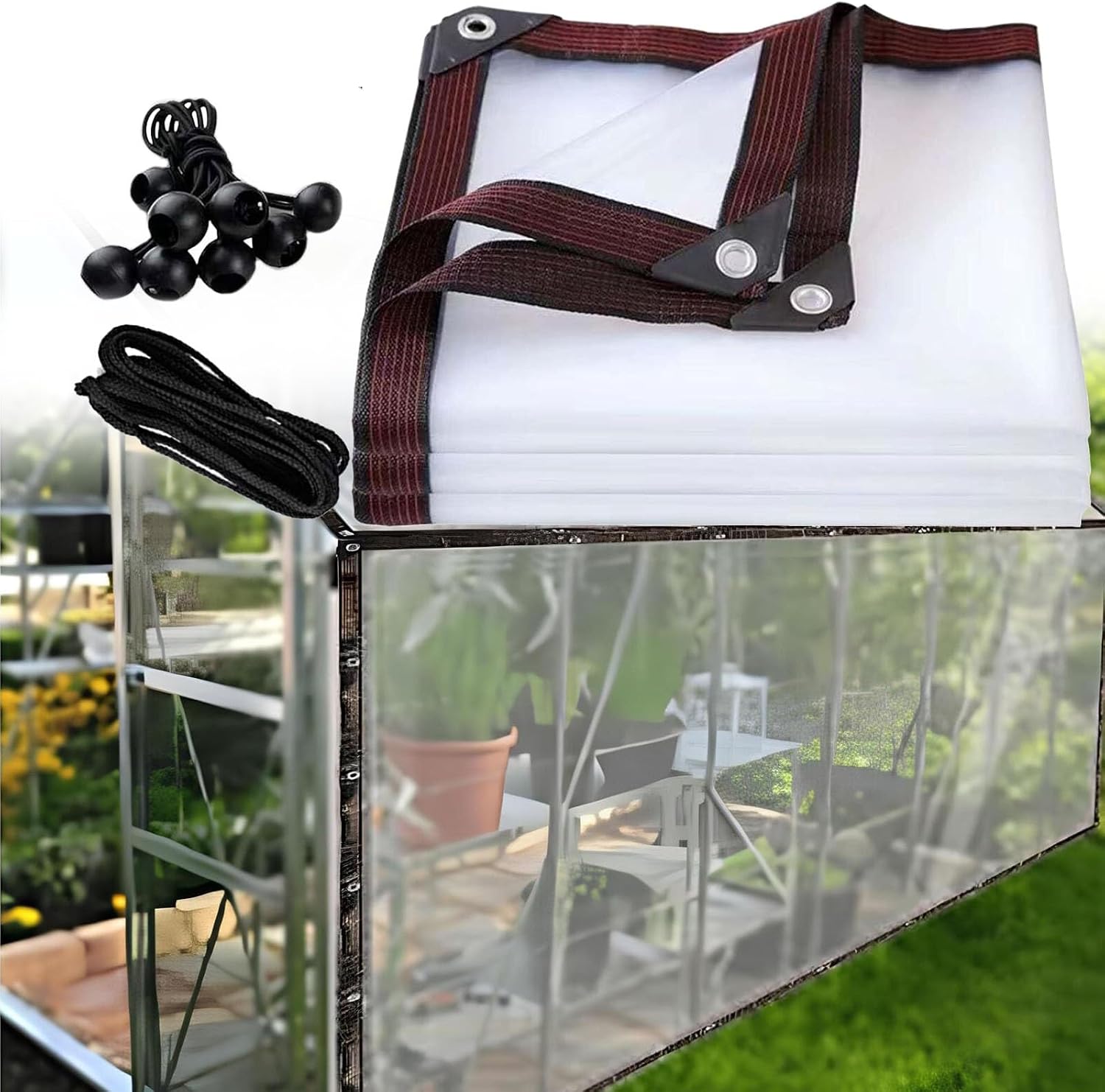 Outdoor Garden Poly Cover UV Resistant Brass Grommets Transparent Tarpaulin, 12x32 FT Plant Cover Transparent Tarpaulin Waterproof PVC Plastic, Outdoor Tarp for Furniture Patio Pergola Kennel