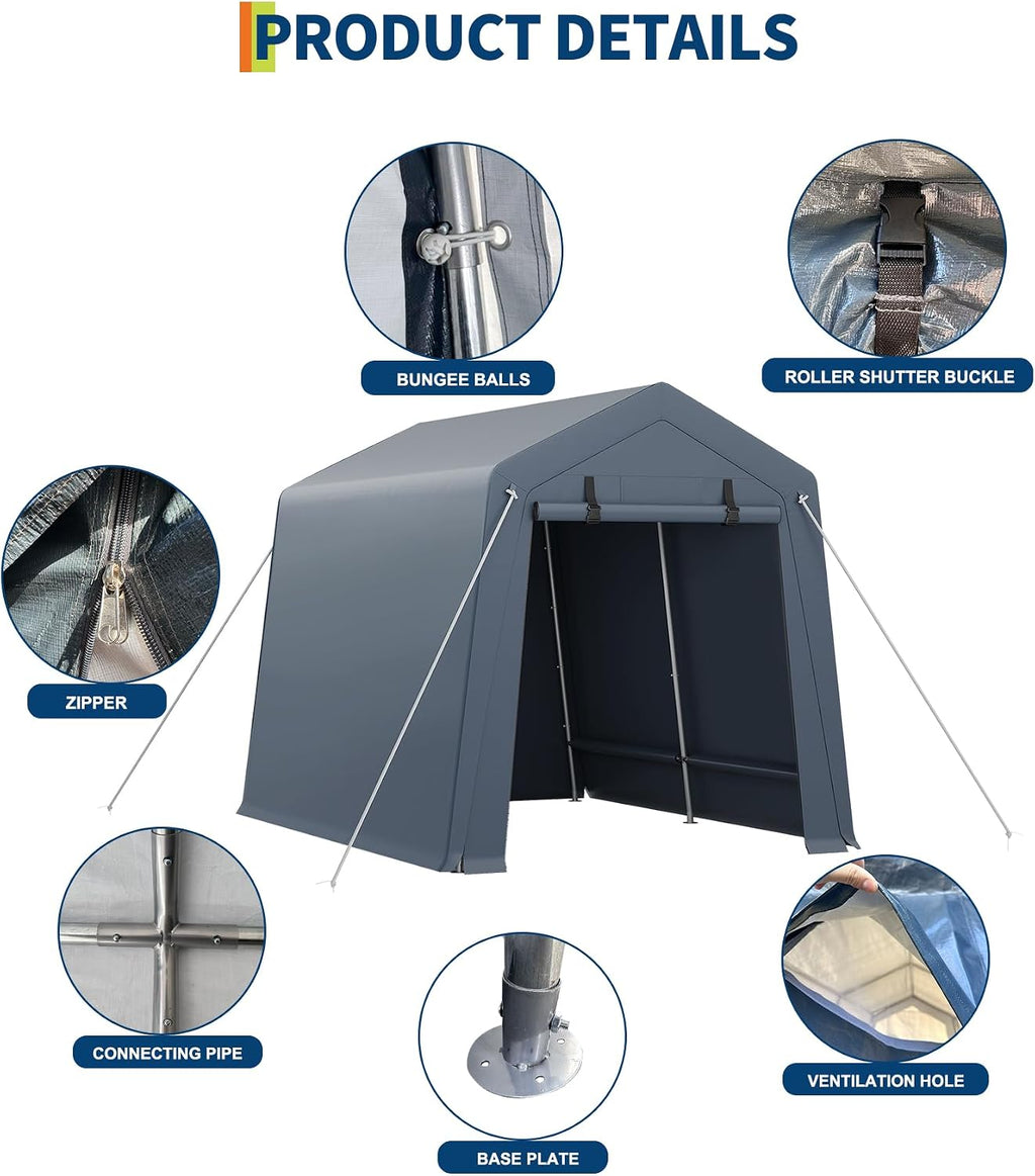 6'×10' Heavy Duty Portable Storage Shed Tent - Outdoor Shelter with Roll-Up Door, Waterproof Bike/ATV/Motorcycle Garage, All-Weather Shelter Tent