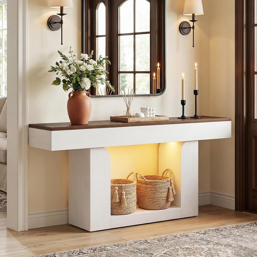 Homieasy Console Table, 63' Entryway Table with LED Lights & Charging Station, Farmhouse Wooden Sofa Table Behind Couch, Narrow Hallway Table for Living Room, Foyer, Entry, Antique White & Brown