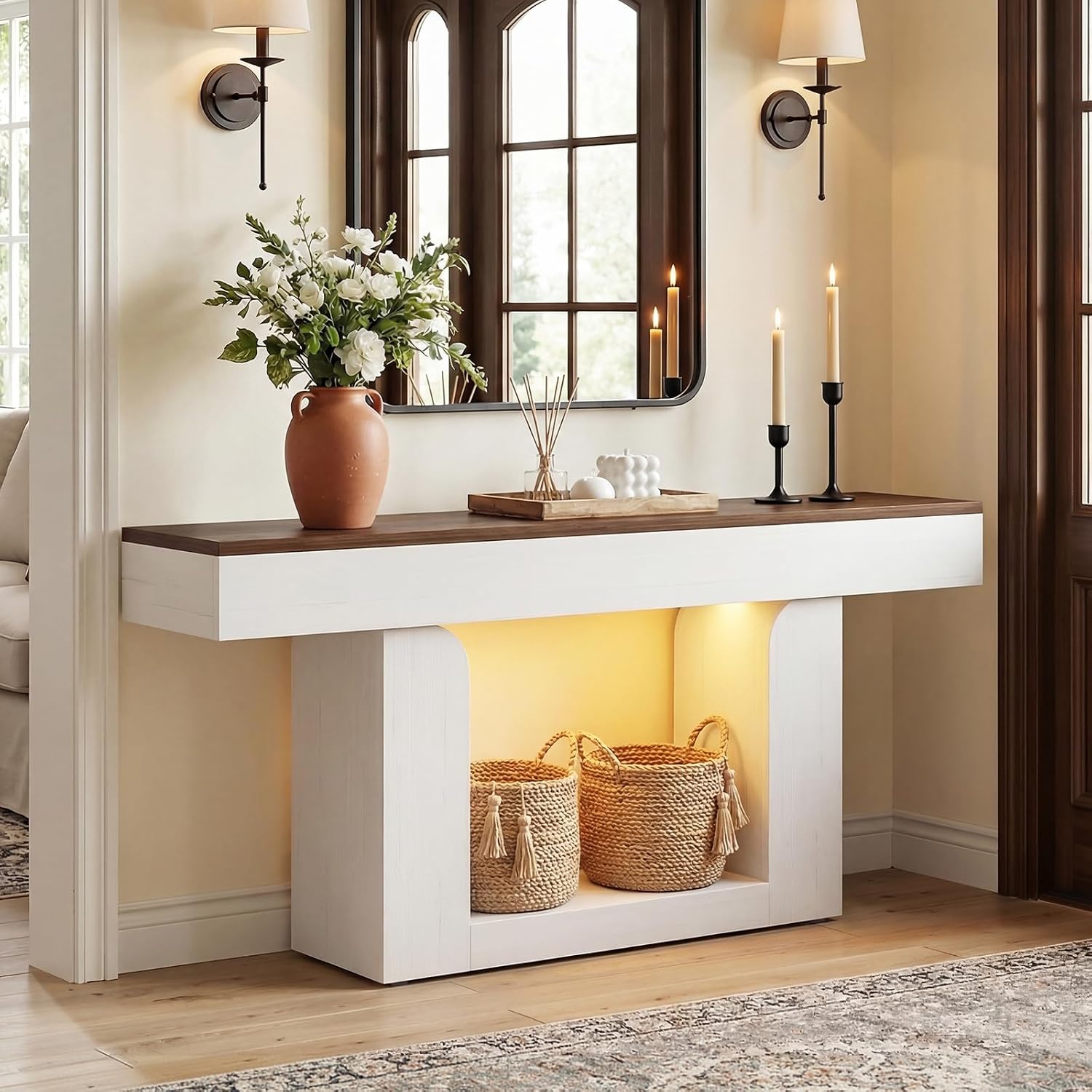 Homieasy Console Table, 63' Entryway Table with LED Lights & Charging Station, Farmhouse Wooden Sofa Table Behind Couch, Narrow Hallway Table for Living Room, Foyer, Entry, Antique White & Brown