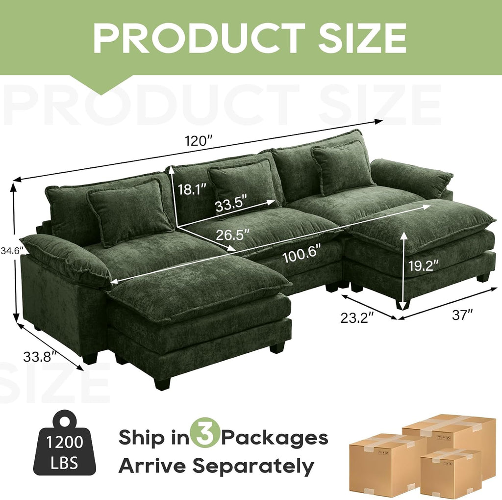 Oprisen 120' Modular Sectional Sofa, Comfy Cloud Couch Sectional Sofa with Ottoman, Chenille Sofa Sleeper Deep Seat Sofa with Throw Pillows for Living Room (Green, 120'- U Shape)