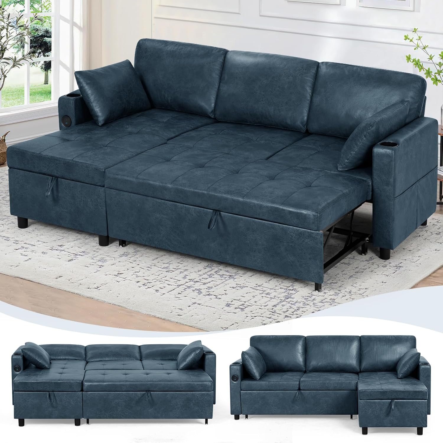 84' L-Shape Pull Out Sofa Bed with Adjustable Backrest, Upholstered Sectional Sleeper Sofa with Storage Chaise, Suede Leather Reversible Couch Bed with USB Port for Living Room, House, Blue