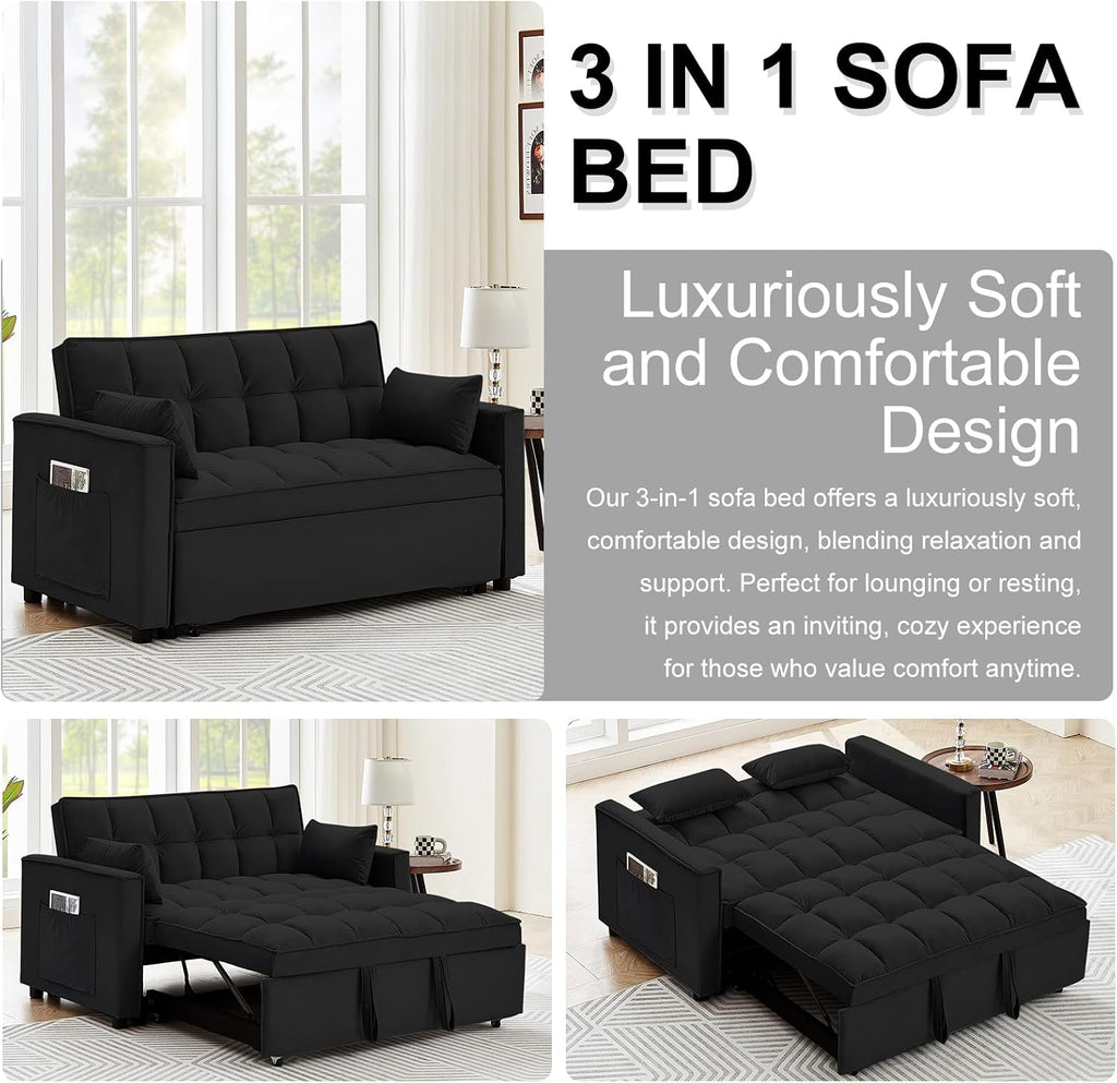 3 in 1 Convertible Sleeper Sofa Bed, 55' Pull Out Couches, Modern Loveseat Sleeper Sofa with Adjustable Reclining Backrest & Side Pockets for Living Room, Velvet Fabric, Classic Black