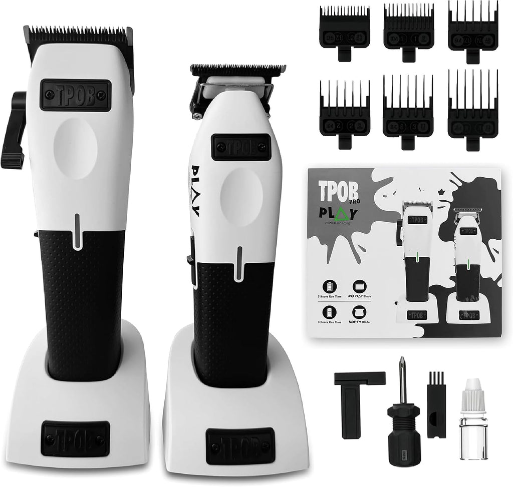 TPOB Play Barber Hair Clippers & Trimmer for Men 7500 RPM with Rubber Grips (White 2 Set)