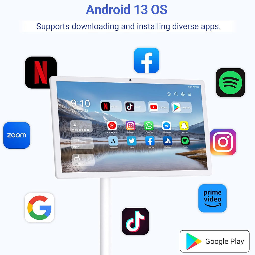 22-Inch Portable TV on Wheels, 1080p Portable Touch Screen Monitor, Smart Rolling TV Built-in 13MP Camera, Built-in Battery | Android 13 | 6+128G
