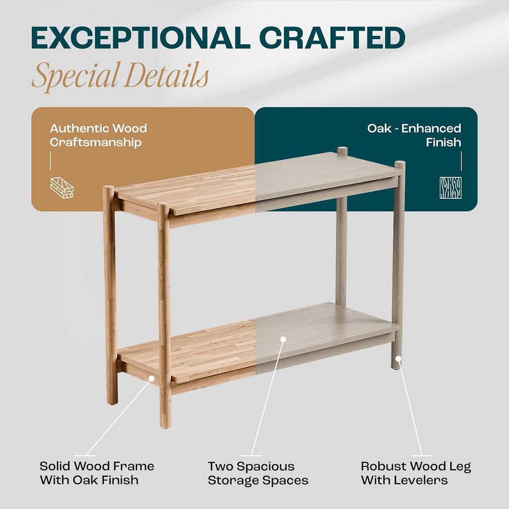 Bme Lyra Console Table, Pure Solid Wood with Oak Finish, Entryway and Hallway Living Room Table, 297 lbs Capacity, Adjustable Levelers, Easy Assembly, Large Open Shelf, Ideal for Any Space, Light Grey