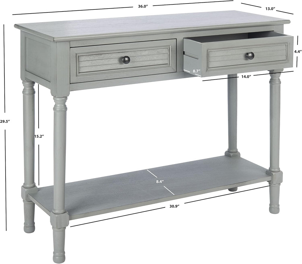 SAFAVIEH Home Collection – Tate Distressed Grey 2-Drawer Console Table with Shelf, Turned Leg Farmhouse Accent Console for Entryway or Living Room (CNS5720C)