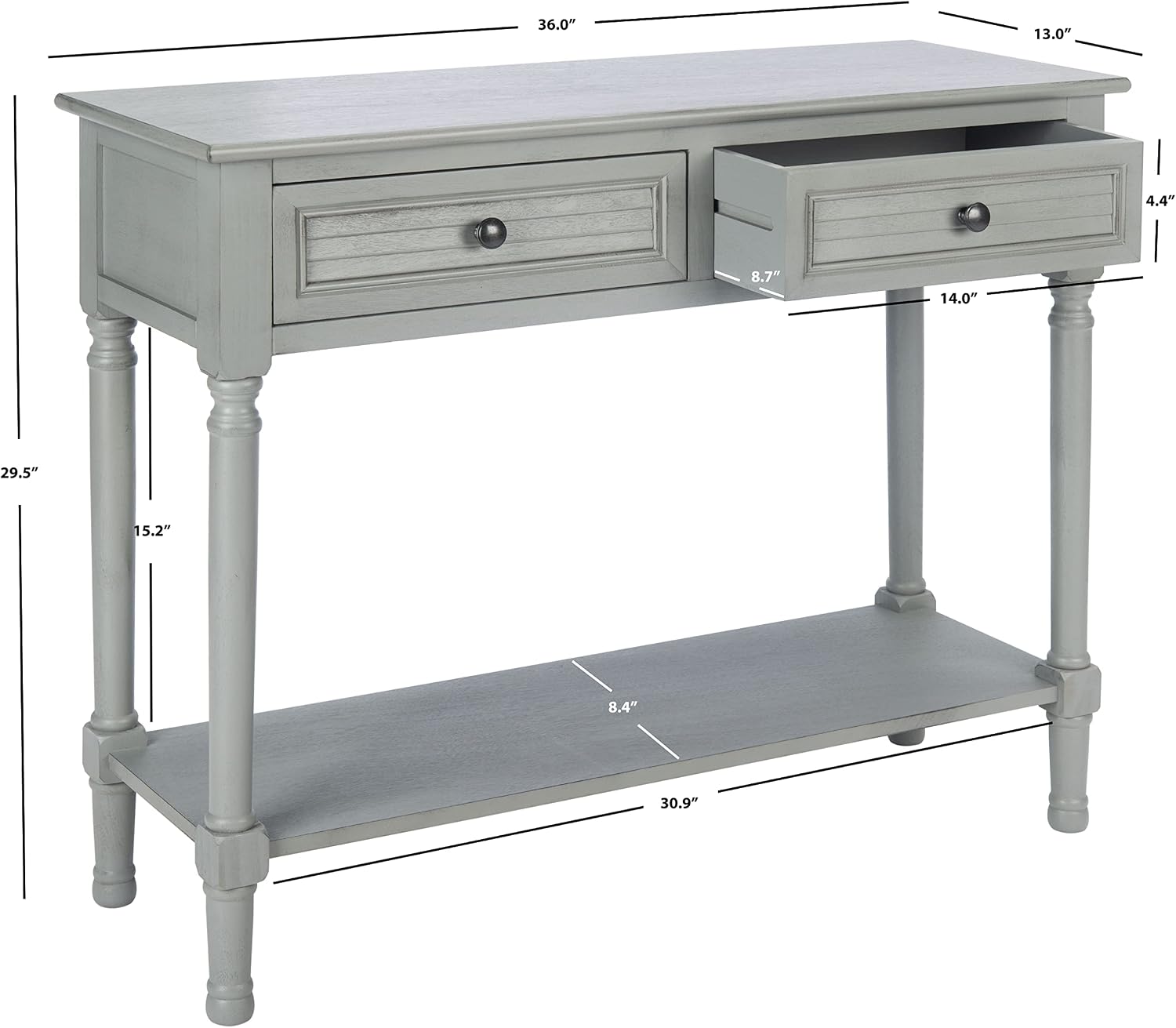 SAFAVIEH Home Collection – Tate Distressed Grey 2-Drawer Console Table with Shelf, Turned Leg Farmhouse Accent Console for Entryway or Living Room (CNS5720C)