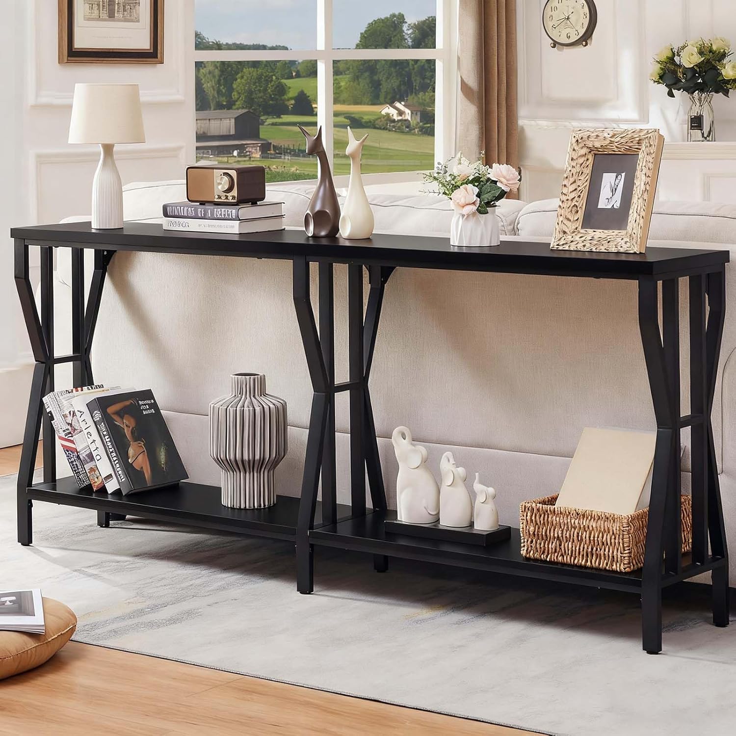 HOMISSUE Sofa Console Table, 70.9' Extra Long Sofa Table with 2-Tier Storage, Industrial Narrow Console Tables Behind Couch, Hallway Table for Entryway, Living Room, Black