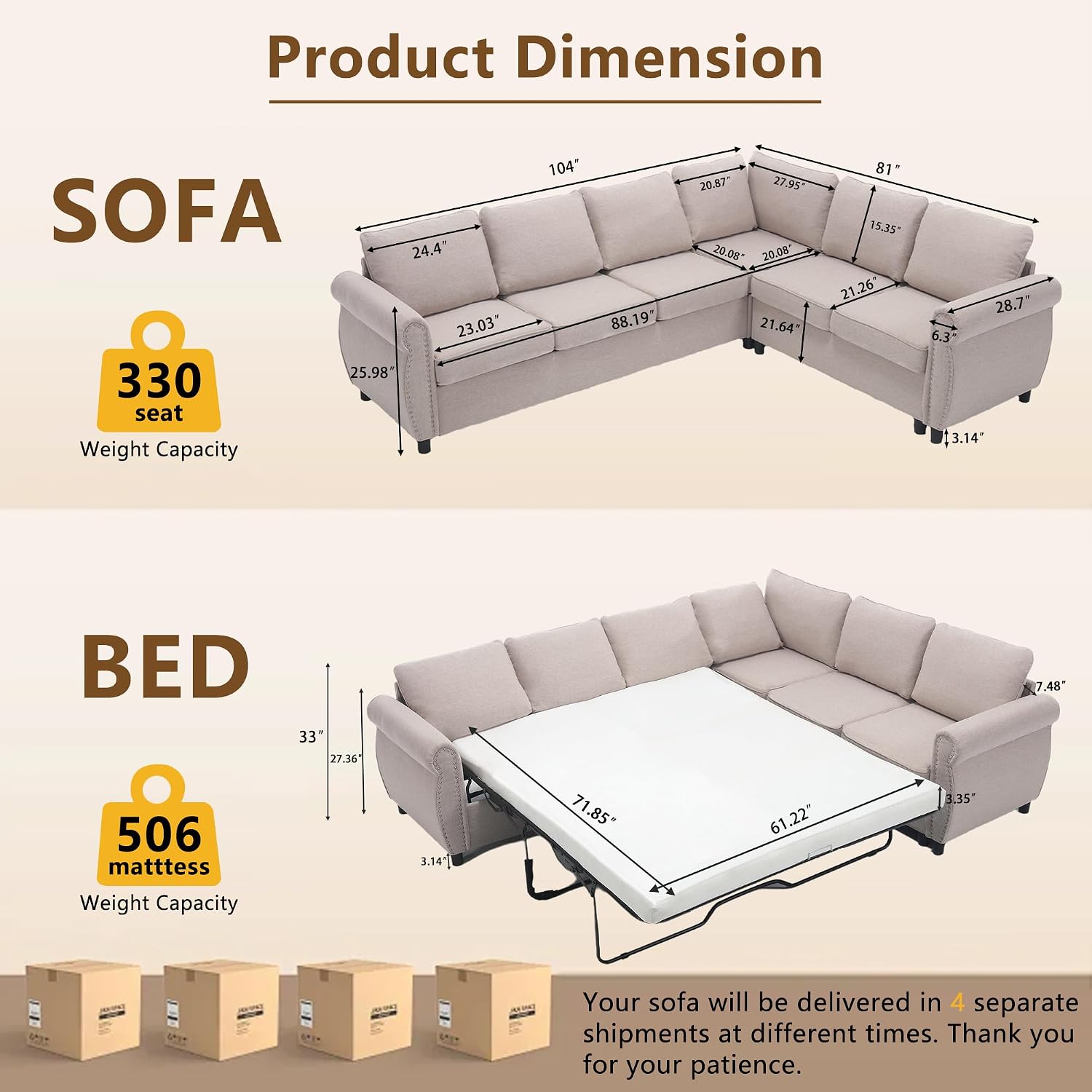 104'' Pull Out Couch, Convertible Sleeper Sofa Bed Queen, Upholstered Sectional Sofa with Mattress, 6-Seater L-Shaped Couch, Modern Sectional Couches for Living Room, Apartment, Studio, Beige
