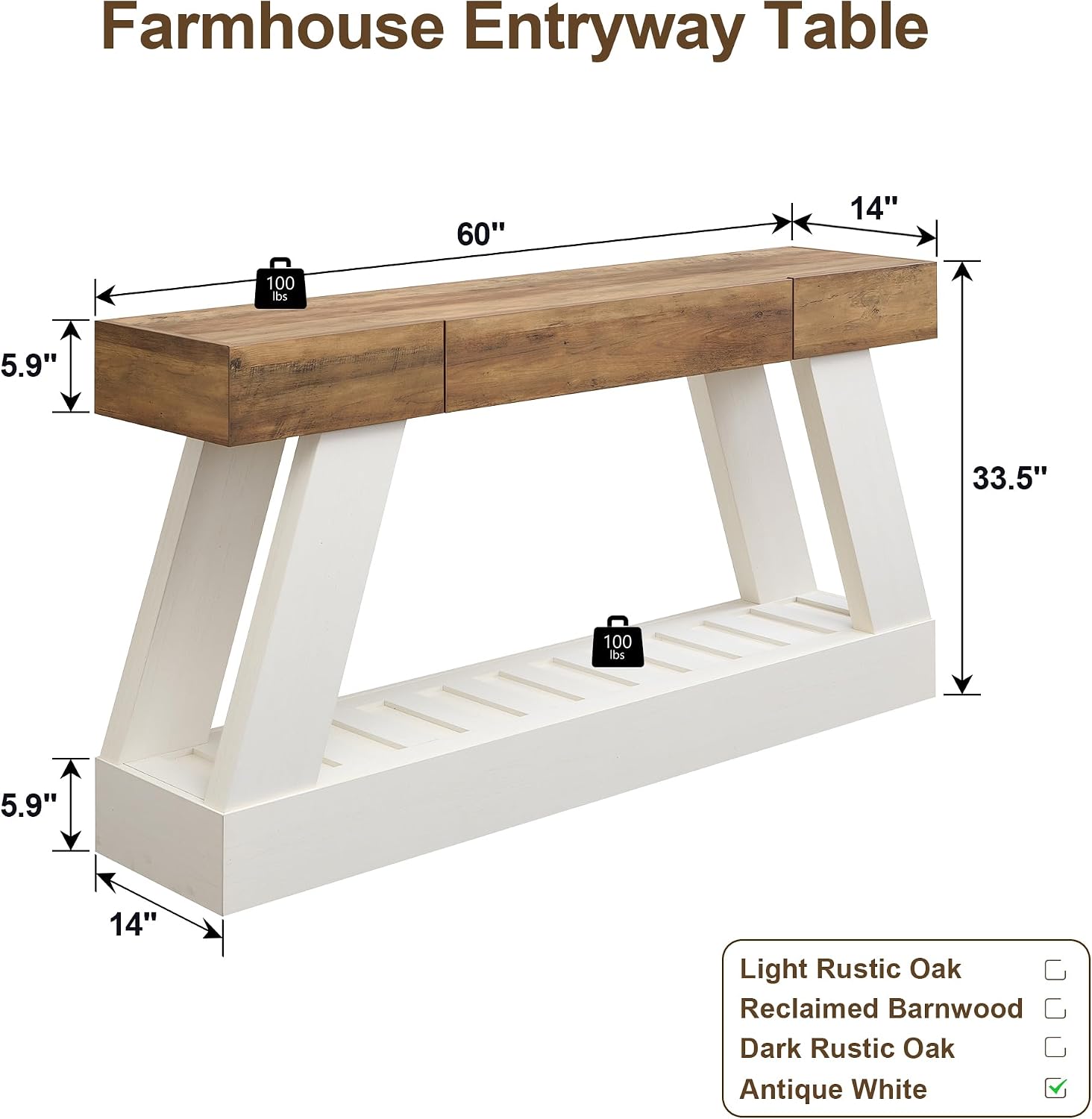 OKD 60' Farmhouse Entryway Table with Drawer, Console Table Behind Sofa, Narrow Long Entryway for Hallway, Living Room, Hallway, Behind Couch(Antique White)