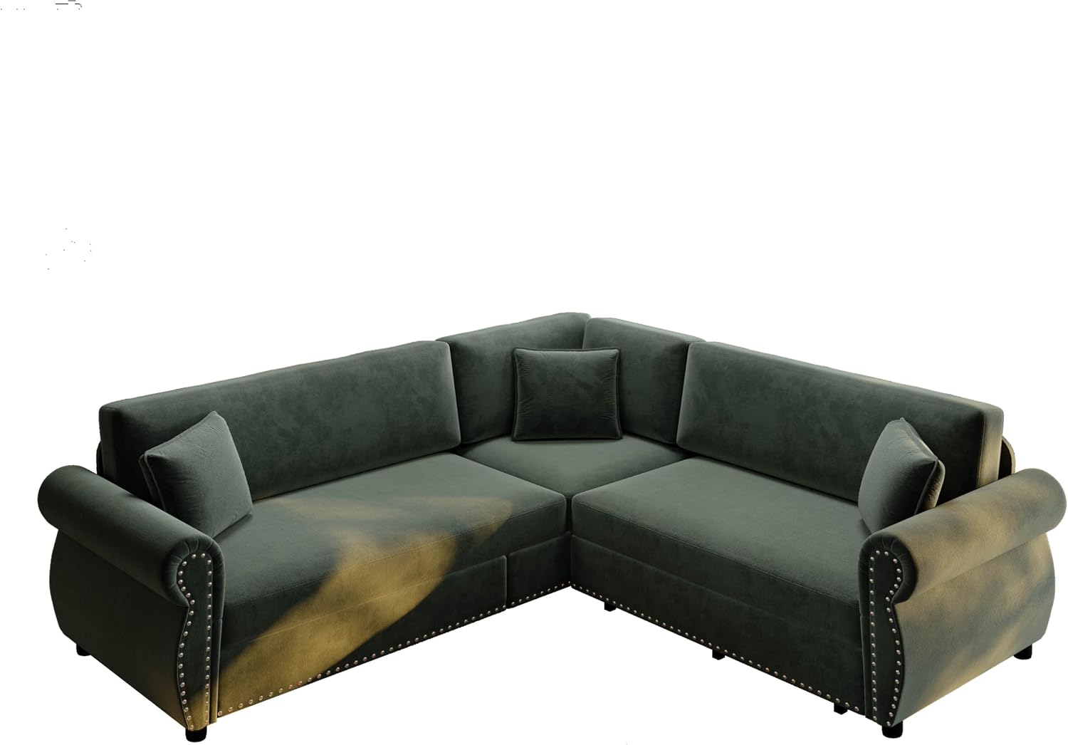 88.2'' Pull Out Couch, Convertible Sleeper Sofa Bed, Upholstered Sectional Sofa, Chenille L-Shaped Couch with Nailhead Trim, 4-Seater Modern Sectional Couches for Living Room, Bedroom,Green