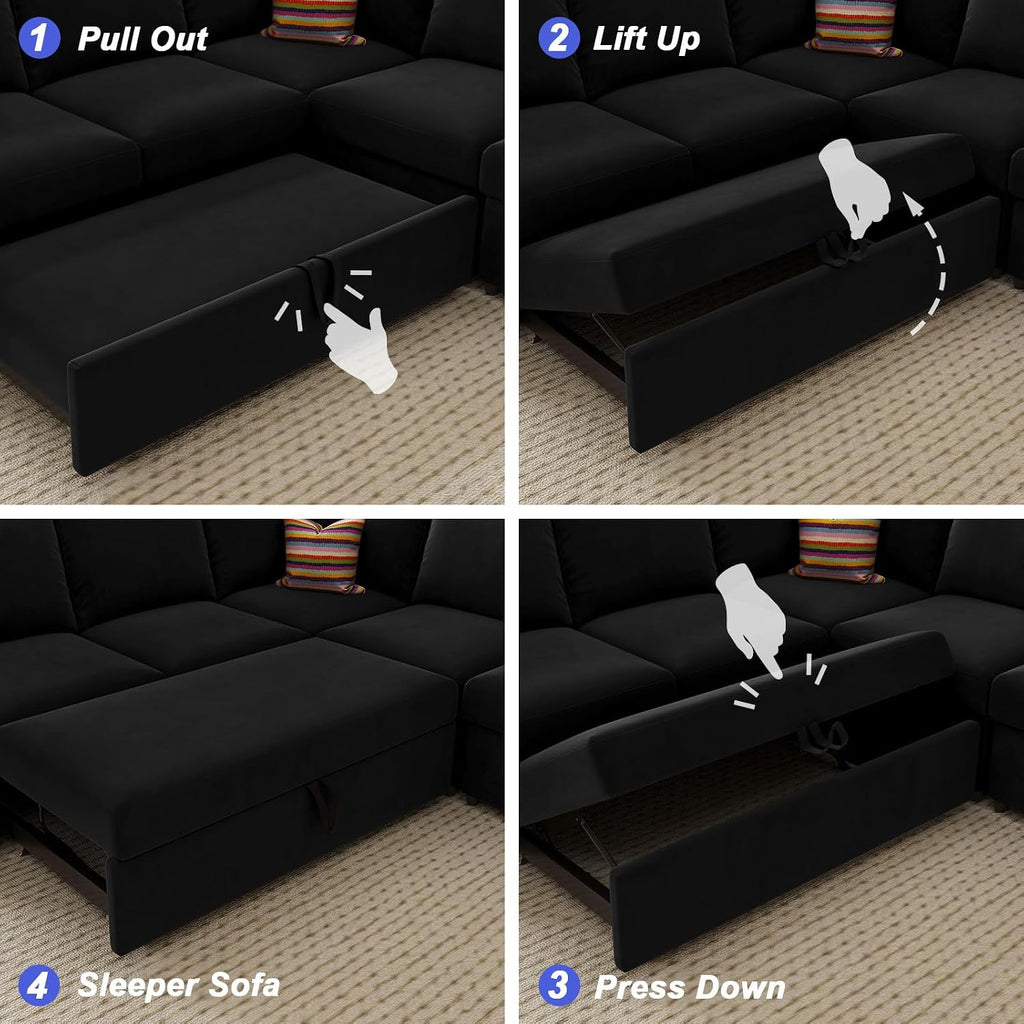 Belffin Modular Sectional Sleeper Sofa with Pull Out Couch Bed Velvet Fabric Loveseat Sleeper Sectional Couch for Living Room Apartment Black