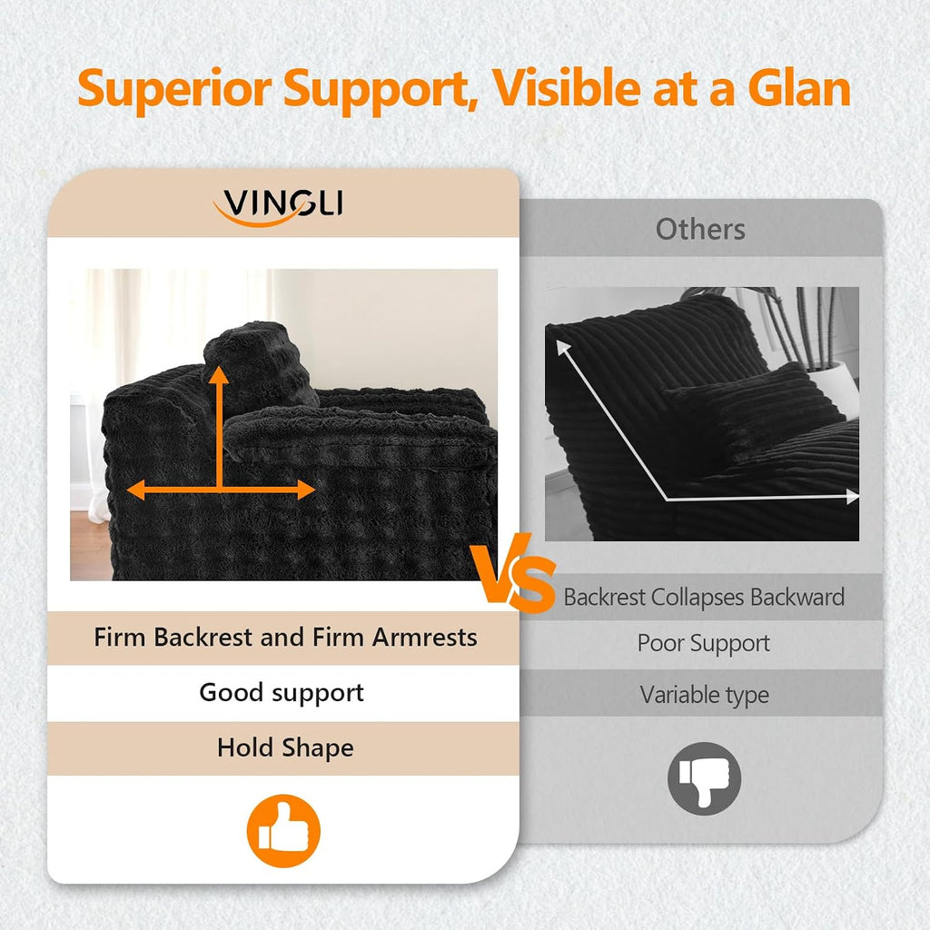 VINGLI Chaise Lounge Chair, Black Boneless Couch Oversized Reading Chair Upholstered Bubble Fleece Cloud Couch Sofa Recliner Bed Comfy Sleeper Couches for Living Room, Movie Room, Bedroom