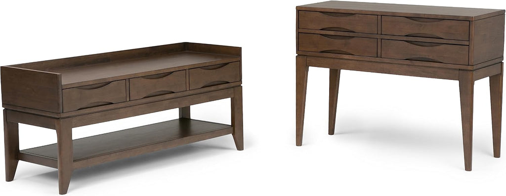 SIMPLIHOME Harper Console Table - 40 Inch Wide Solid Hardwood Sofa Table in Walnut Brown, Mid-Century Modern Storage Table for Entryway or Living Room with 4 Drawers, Notched Handles, and Tapered Legs